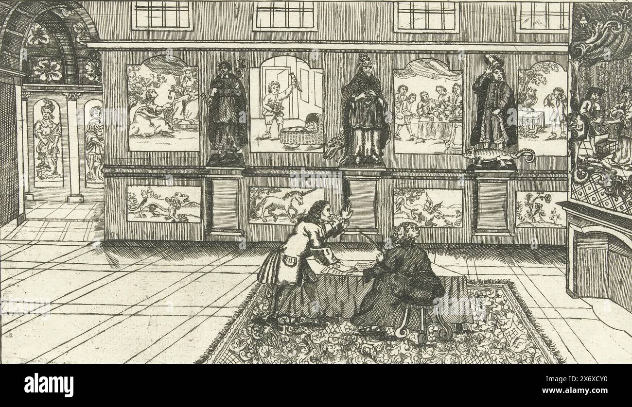 Allégorie sur la triste situation de l'Autriche, 1742, allégorie sur la triste situation de l'Autriche dans la guerre de succession d'Autriche et l'aide financière possible des pays-Bas, 1742. Dans une pièce, un homme écrit assis à une table, sur les murs se trouvent des images du Pape, cardinal et évêque entre des représentations allégoriques. Marqué en haut à droite : page. 15., imprimeur, imprimeur : anonyme, pays-Bas du Nord, 1742, papier, gravure, gravure, hauteur, 158 mm × largeur, 260 mm Banque D'Images