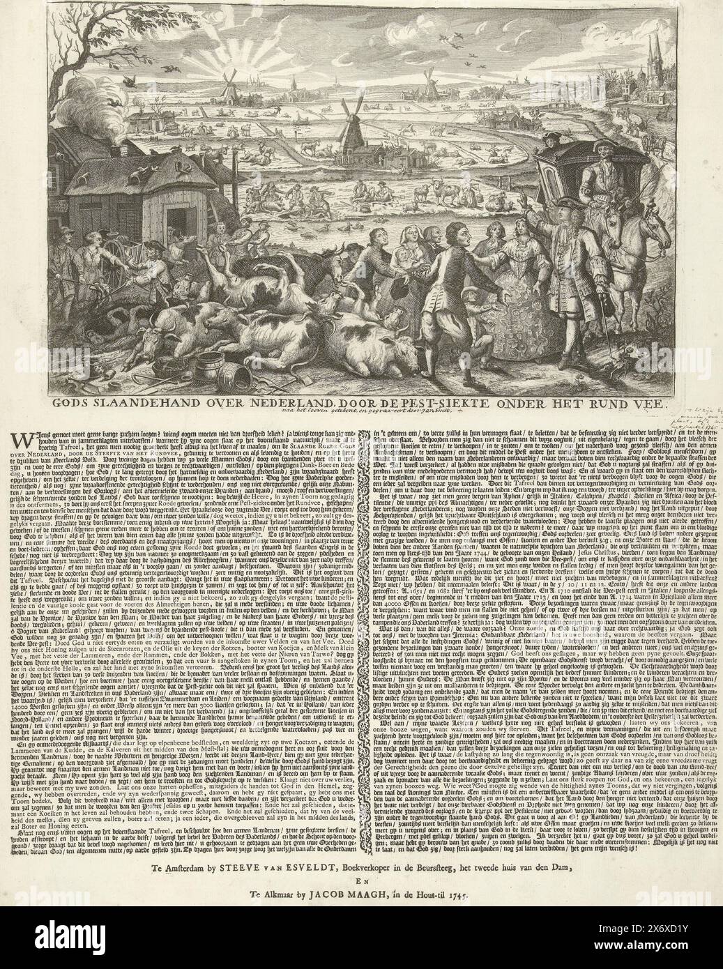 Agriculteurs touchés par la peste bovine, 1745, la main de Dieu sur les pays-Bas, en raison de la peste chez les bovins (titre sur l'objet), les agriculteurs touchés par la peste bovine se plaignent à un propriétaire qui est arrivé à la ferme avec sa femme dans la voiture, 1745. Sur la gauche le dégagement des écuries et l'enterrement des animaux décédés, au centre plus malades et décédés animaux. En arrière-plan, des prairies ensoleillées avec des animaux malades et en bonne santé, des moulins et des fermes. Sur la feuille en dessous de la plaque une description des événements dans deux colonnes. Dans le texte, la maladie du bétail est interprétée comme une punition par Dieu, A. Banque D'Images
