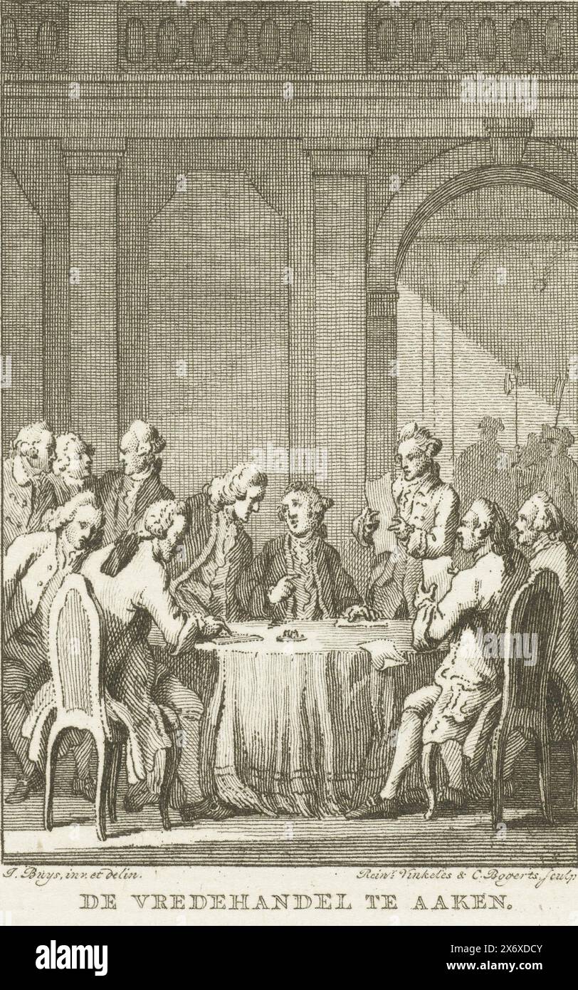 Pourparlers de paix à Aix-la-Chapelle, 1748, commerce de paix à Aix-la-Chapelle (titre sur objet), négociations de paix entre les Alliés (République, Angleterre et Autriche) et la France et la Prusse pour mettre fin à la guerre de succession d'Autriche, octobre 1748. Marqué en haut à droite : XI. D. PL. VI, imprimeur : Reinier Vinkeles (I), (mentionné sur l'objet), imprimeur : Cornelis Bogerts, (mentionné sur l'objet), après dessin par : Jacobus Buys, (mentionné sur l'objet), Nord des pays-Bas, 1780 - 1795, papier, gravure, hauteur, 126 mm × largeur, 100 mm Banque D'Images