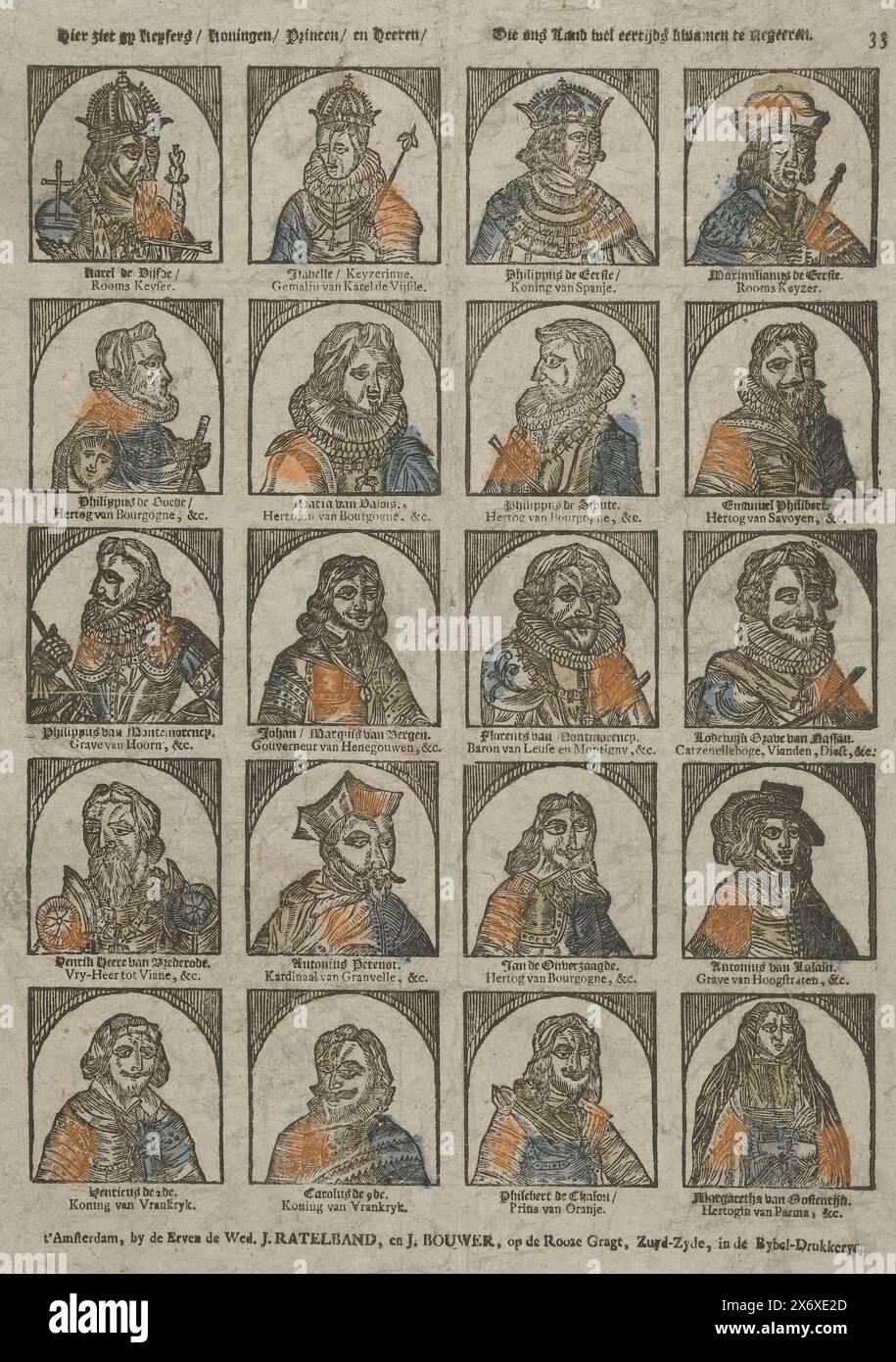 Ici vous voyez des keysers, rois, princes et messieurs, qui sont venus régner notre pays (titre sur objet), feuille avec 20 portraits de princes et de nobles, dont Charles V de Habsbourg, Charles IX et Philippe II le Téméraire. Une légende sous chaque image. Numéroté en haut à droite : 33., imprimé, éditeur : de erven de weduwe J. Ratelband en J. Bouwer, (mentionné sur l'objet), imprimeur : anonyme, éditeur : Amsterdam, imprimeur : pays-Bas, c. 1782 - c. 1793, papier, typographie, hauteur, 410 mm × largeur, 325 mm Banque D'Images