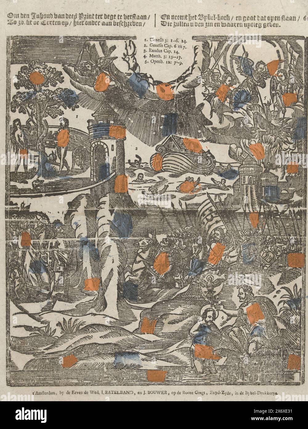 Pour bien comprendre le contenu de cette impression, cherchez les textes décrits ci-dessous, prenez le livre de la Bible et ouvrez-le, ils vous donneront le sens et la vraie explication (titre sur l'objet), bloc avec cinq histoires de l'ancien et du Nouveau Testament en une seule performance: la chute, l'arche de Noé, le voyage à travers la mer Rouge, le baptême du Christ et la chute de Lucifer. En haut, la Bible fait référence aux cinq histoires. Numéroté en haut à droite : 61., imprimé, éditeur : de erven de weduwe J. Ratelband en J. Bouwer, (mentionné sur l'objet), imprimeur : anonyme, éditeur : Amsterdam, imprimeur : pays-Bas Banque D'Images