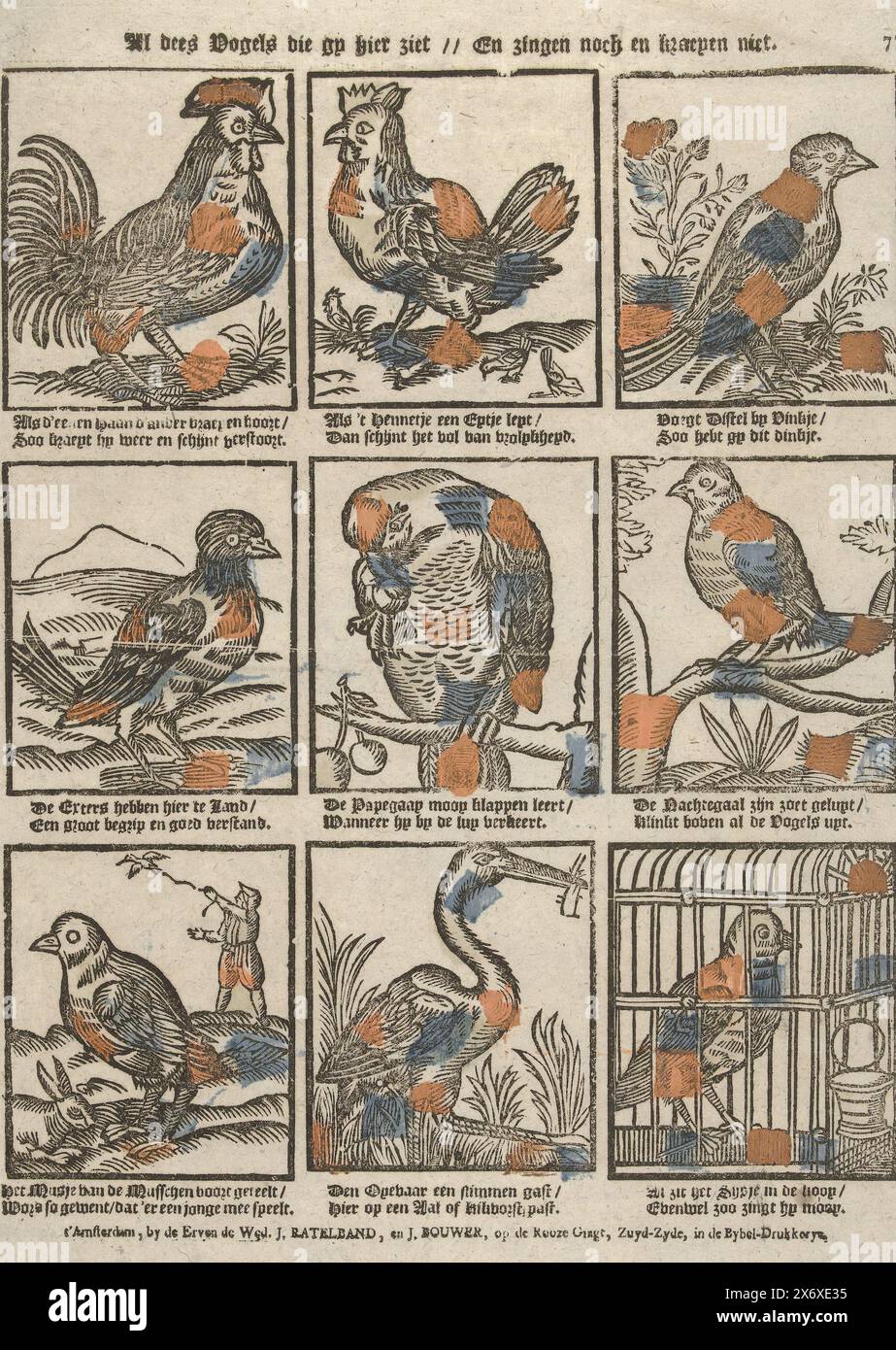 Tous ces oiseaux que vous voyez ici // et ne chantent ni ne pleurent (titre sur l'objet), feuille avec 9 représentations d'oiseaux, comme un coq, un perroquet et un moineau. Sous chaque image un verset de deux lignes. Numéroté en haut à droite : 77., imprimé, éditeur : de erven de weduwe J. Ratelband en J. Bouwer, (mentionné sur l'objet), imprimeur : anonyme, éditeur : Amsterdam, imprimeur : pays-Bas, c. 1782 - c. 1793, papier, typographie, hauteur, 415 mm × largeur, 310 mm Banque D'Images