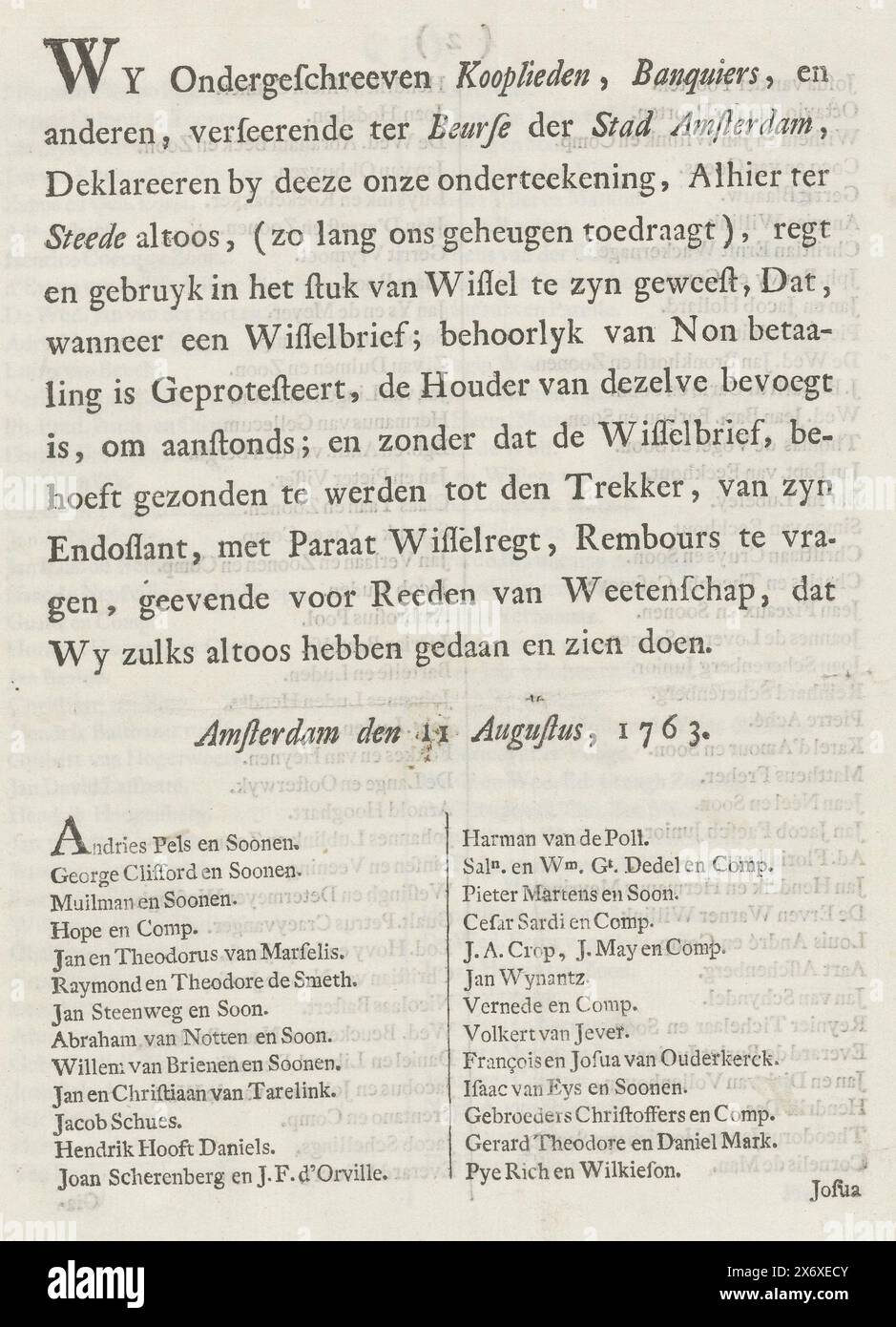 Déclaration des marchands d'Amsterdam sur le droit d'utiliser des lettres de change, 1763, déclaration imprimée établie au nom d'un groupe de marchands d'Amsterdam sur le droit d'utiliser des lettres de change et des lettres de change à la Bourse d'Amsterdam, 11 août 1763. Page pliée avec la déclaration et la liste des noms sur quatre pages numérotées., feuille de texte, éditeur : Carel Potgieter, (mentionné sur l'objet), Amsterdam, 1763, papier, typographie, hauteur, 232 mm × largeur, 183 mm Banque D'Images Déclaration des marchands d'Amsterdam sur le droit d'utiliser des lettres de change, 1763, déclaration imprimée établie au nom d'un groupe de marchands d'Amsterdam sur le droit d'utiliser des lettres de change et des lettres de change à la Bourse d'Amsterdam, 11 août 1763. Page pliée avec la déclaration et la liste des noms sur quatre pages numérotées., feuille de texte, éditeur : Carel Potgieter, (mentionné sur l'objet), Amsterdam, 1763, papier, typographie, hauteur, 232 mm × largeur, 183 mm Banque D'Images