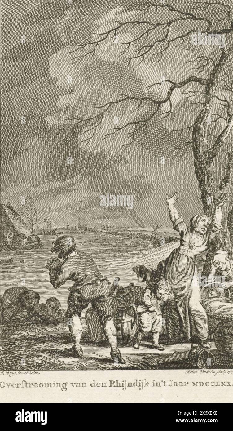 Inondation du Rhijndijk à Gueldre, 1770, inondation du Rhijndijk i't Jaar MDCCLXX (titre sur l'objet), inondation due à l'inondation du Rhijndijk à Gueldre, janvier 1770. Au premier plan une famille désespérée avec des biens ménagers., imprimerie, imprimeur : Reinier Vinkeles (I), (mentionné sur l'objet), après dessin par : Jacobus Buys, (mentionné sur l'objet), Nord des pays-Bas, 1789, papier, gravure, hauteur, 220 mm × largeur, 130 mm Banque D'Images