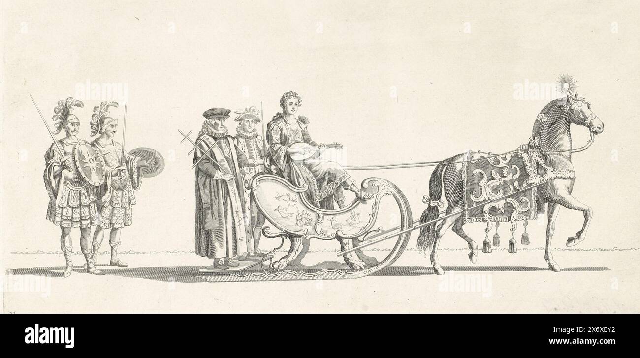 Onzième traîneau, Sled Ride de la société Leiden Veniam Pro Laude en 1776 (titre de la série), le onzième traîneau dans le défilé. Un traîneau à la personnification de la musique, tiré par un cheval, suivi de deux soldats romains. Fait partie d'une série de douze photos de la balade en traîneau du 24 janvier 1776 organisée par la société Leyde Veniam Pro Laude à l'occasion du deuxième Centenaire du relief de Leyde (3 octobre 1574) et de la fondation de l'Université de Leyde (8 février 1575)., imprimeur, imprimeur : Nicolaas van der Worm, après dessin par : Abraham Delfos, pays-Bas du Nord, 1776, papier Banque D'Images