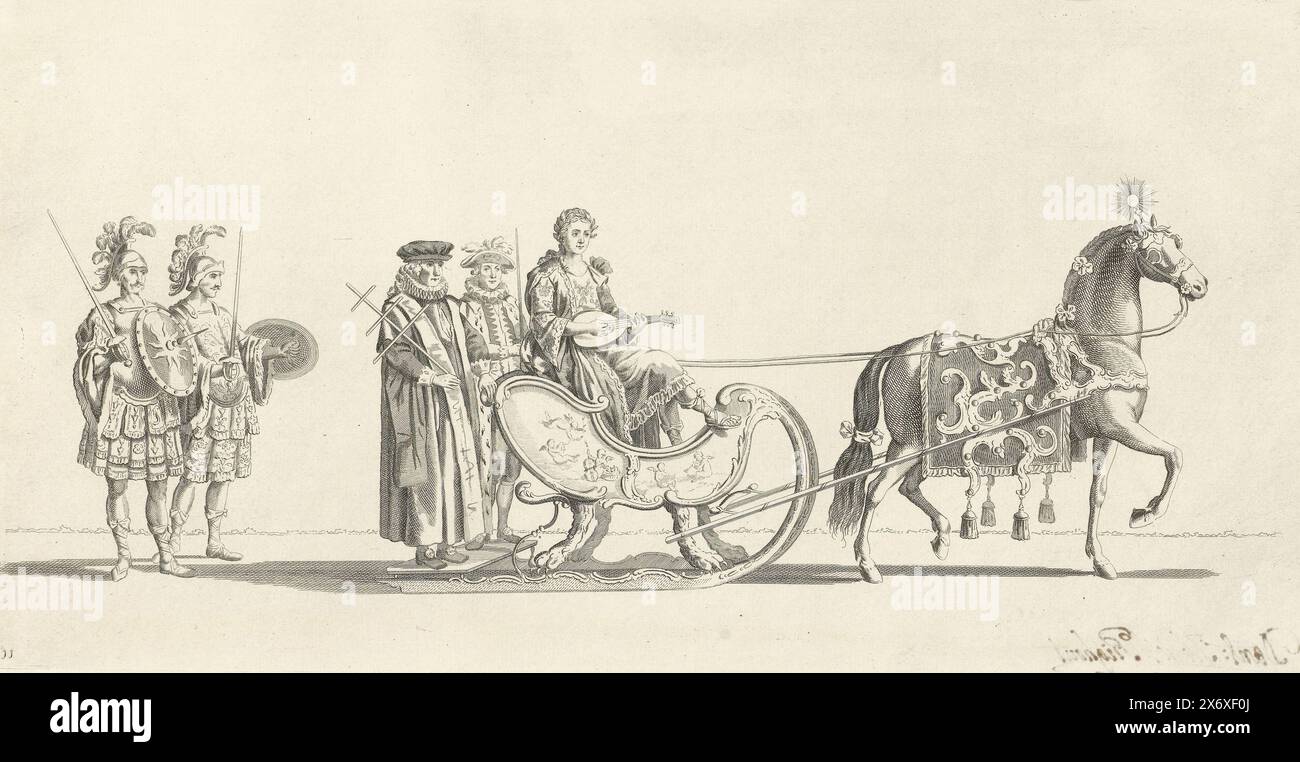 Onzième traîneau, Sled Ride de la société Leiden Veniam Pro Laude en 1776 (titre de la série), le onzième traîneau dans le défilé. Un traîneau à la personnification de la musique, tiré par un cheval, suivi de deux soldats romains. Fait partie d'une série de douze photos de la balade en traîneau du 24 janvier 1776 organisée par la société Leyde Veniam Pro Laude à l'occasion du deuxième Centenaire du relief de Leyde (3 octobre 1574) et de la fondation de l'Université de Leyde (8 février 1575)., imprimeur, imprimeur : Nicolaas van der Worm, après dessin par : Abraham Delfos, pays-Bas du Nord, 1776, papier Banque D'Images