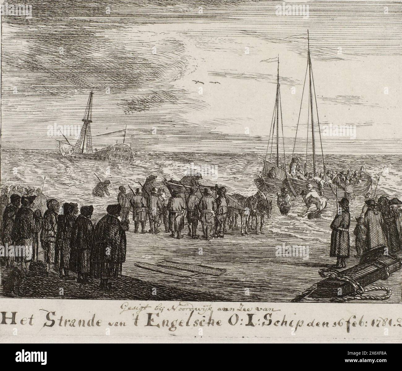 Échouage du général Barker à Zandvoort, 1781, vue près de Noordwijk aan Zee de 't Het Strande van 't Engelsche O:I : navire le 16 février 1781 (titre sur l'objet), échouage du général Barker Indiaman oriental anglais à Zandvoort, 16 février 1781. Les survivants sont amenés à terre dans des bateaux de pêche, avec des spectateurs sur la plage. Une charrette à cheval vient chercher les gens qui se noyent., imprimeur, imprimeur : Louis Bernard Coclers, pays-Bas du Nord, 1781, papier, gravure, écriture (processus), hauteur, 136 mm × largeur, 165 mm Banque D'Images