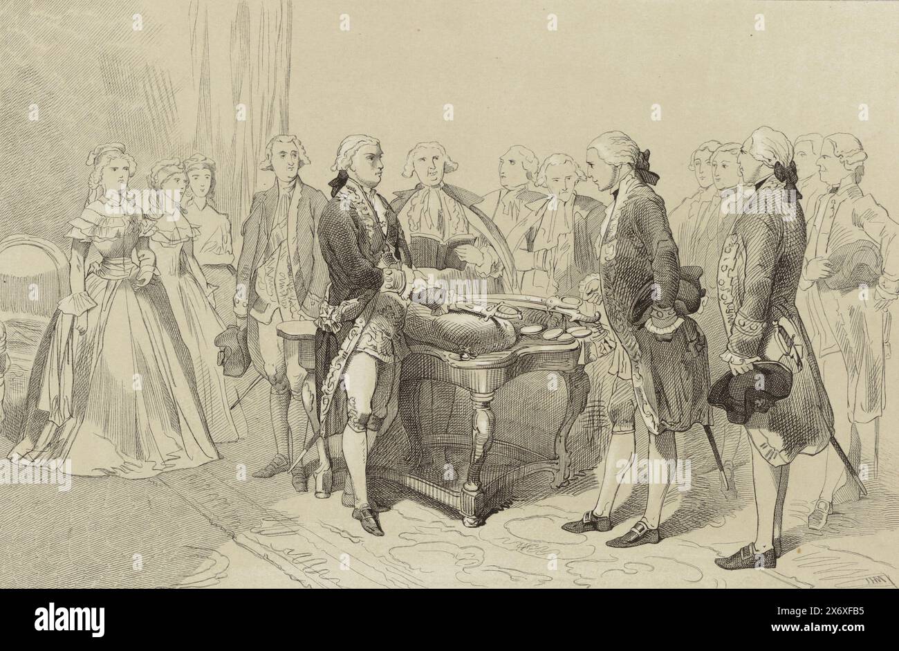 Guillaume V honore les héros de la bataille navale à Dogger Bank, 1781, le prince Willem V récompense le contre-amiral Johan Zoutman avec une épée et une médaille commémorative le 30 novembre, après sa victoire dans la bataille navale à Dogger Bank entre les flottes néerlandaise et britannique le 5 août, 1781. Marqué en haut à droite : LXIX., imprimeur : Monogrammist IHM, (mentionné sur l'objet), après dessin par : Charles Rochussen, (mentionné sur l'objet), imprimeur : Emrik & Binger, (mentionné sur l'objet), imprimeur : pays-Bas, imprimeur : Haarlem, 1853 - 1861, papier, hauteur, 165 mm × largeur, 238 mm Banque D'Images