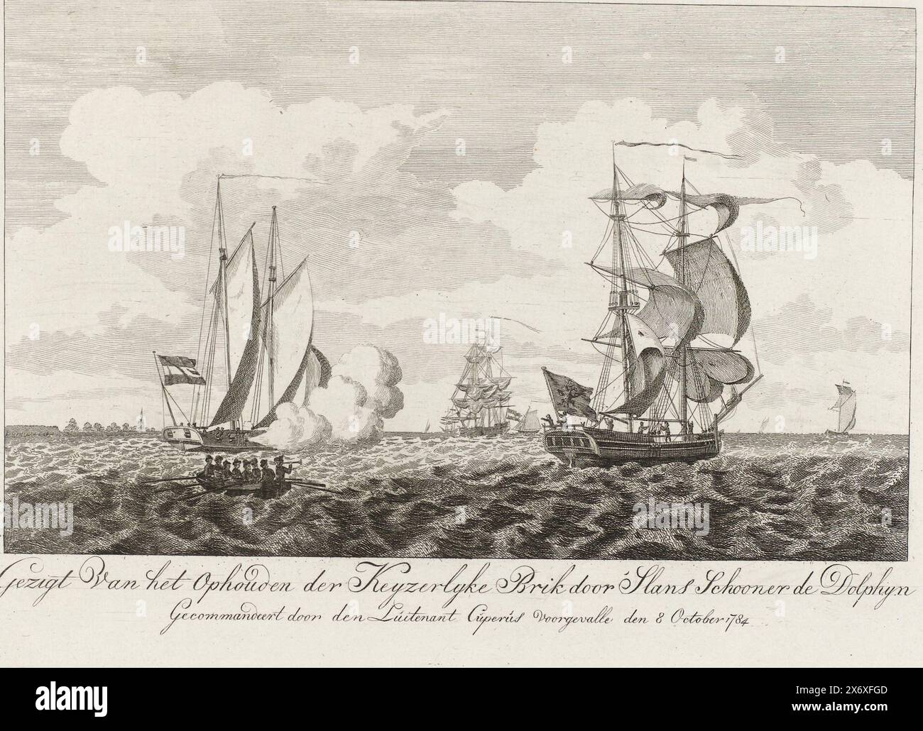 Arrêt du brick impérial sur l'Escaut, 1784, vue de l'arrêt du Keyzerlyke Brik par 'Slans Schooner de Dolphyn, commandé par le lieutenant Cuperus qui s'est produit le 8 octobre 1784 (titre sur objet), la tenue du brick impérial autrichien par la goélette hollandaise le Dolphijn sous le commandement du lieutenant Tobias Tak Cuperus sur l'Escaut, le 8 octobre 1784. Le navire hollandais tire un coup de semonce tandis que l'équipage du brick est adressé à partir d'un sloop avec un appelant du navire. Les incidents de ce jour sont appelés la guerre de la bouilloire., print, print maker : Anonymous, Northern Banque D'Images