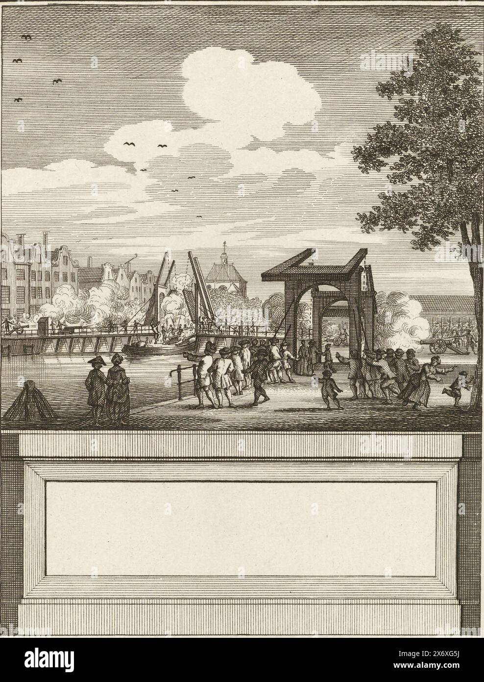 Conquête du pont de Kattenburger, 1787, prise du pont de Kattenburger sur l'île de Kattenburg par les orangistes rebelles par des citoyens armés d'Amsterdam, 30 mai 1787., imprimerie, imprimerie : anonyme, Nord des pays-Bas, 1787, papier, gravure, gravure, hauteur, 177 mm × largeur, 136 mm Banque D'Images