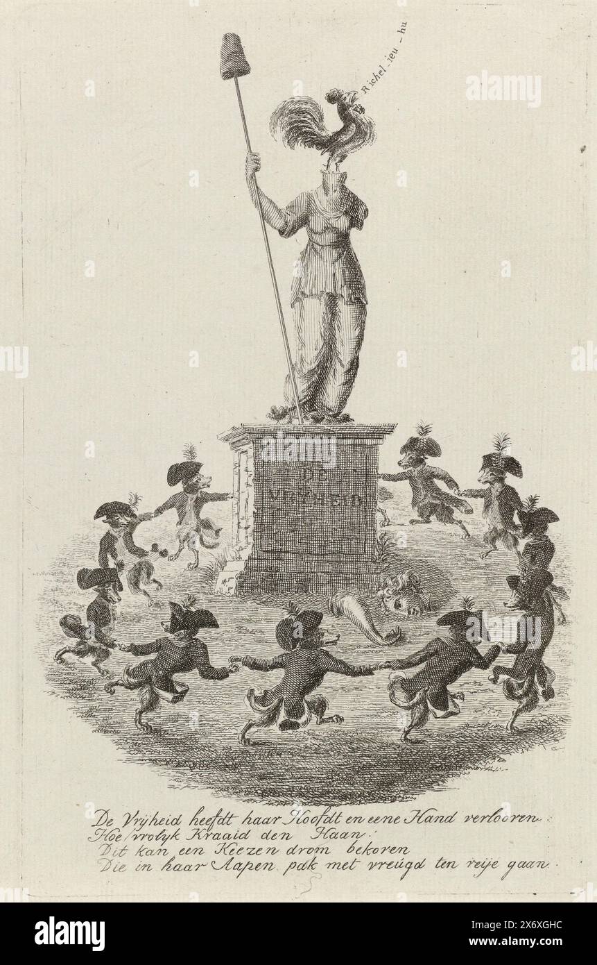 Caricature sur le vain espoir des patriotes pour l'aide française, 1787, caricature sur le vain espoir des patriotes après la récupération du prince d'Orange en 1787 que la France viendrait à leur secours. Un groupe de Keeshonden en uniformes du corps Frei fait une danse ronde autour d'une statue de la liberté. La tête de la statue de la liberté a été cassée et remplacée par un coq français qui chante. Avec vers de quatre lignes., impression, imprimeur : anonyme, pays-Bas du Nord, 1787, papier, gravure, gravure, hauteur, 228 mm × largeur, 145 mm Banque D'Images