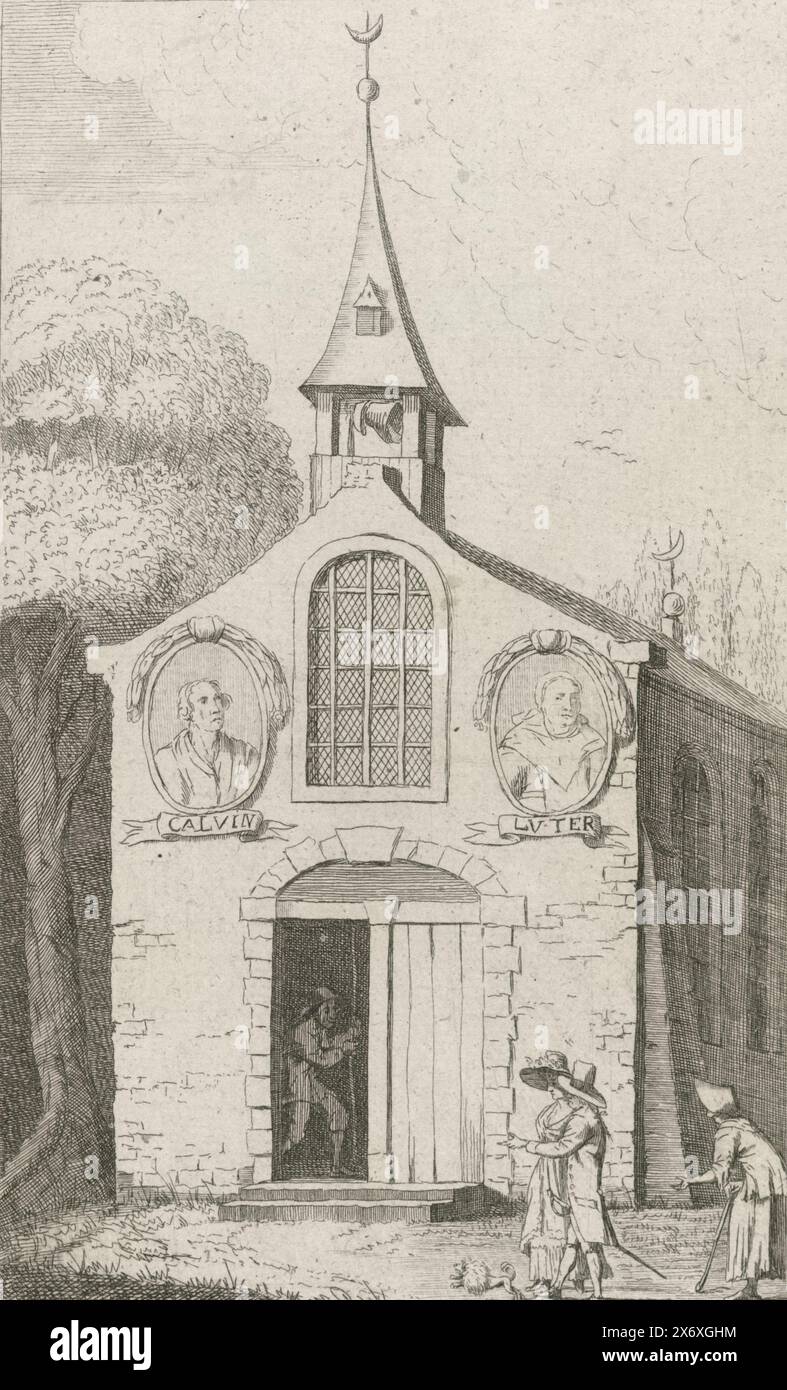 Église avec portraits de Calvin et Luther, Révolution du Brabant, 1787-1790 (titre de la série), église avec deux portraits des réformateurs Calvin et Luther sur la façade. Le croissant de lune apparaît sur la flèche. À l'intérieur d'un lanceur d'alerte. Numérotée : I. partie d'un grand groupe d'estampes relatives aux événements de la Révolution du Brabant et de la période 1787-1790., estampe, imprimeur : anonyme, Sud des pays-Bas, 1787-1790, papier, gravure, hauteur, 171 mm × largeur, 115 mm Banque D'Images