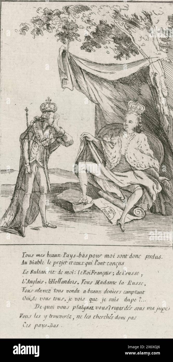 Catherine la Grande étend ses jambes pour Joseph II, Révolution du Brabant, 1787-1790 (titre de la série), l'empereur Joseph II déplore son sort et cherche ses terres disparues. L'impératrice russe Catherine II étend ses jambes et demande à Joseph de regarder sous ses jupes une carte du pays-Bas. Dans la légende un verset de 9 lignes. Avec inscriptions françaises. Partie d'un grand groupe d'estampes relatives aux événements de la Révolution du Brabant et de la période 1787-1790., imprimerie, imprimerie : anonyme, pays-Bas du Sud, 1787 - 1790, papier, gravure, gravure, hauteur, 193 mm × largeur, 105 mm Banque D'Images