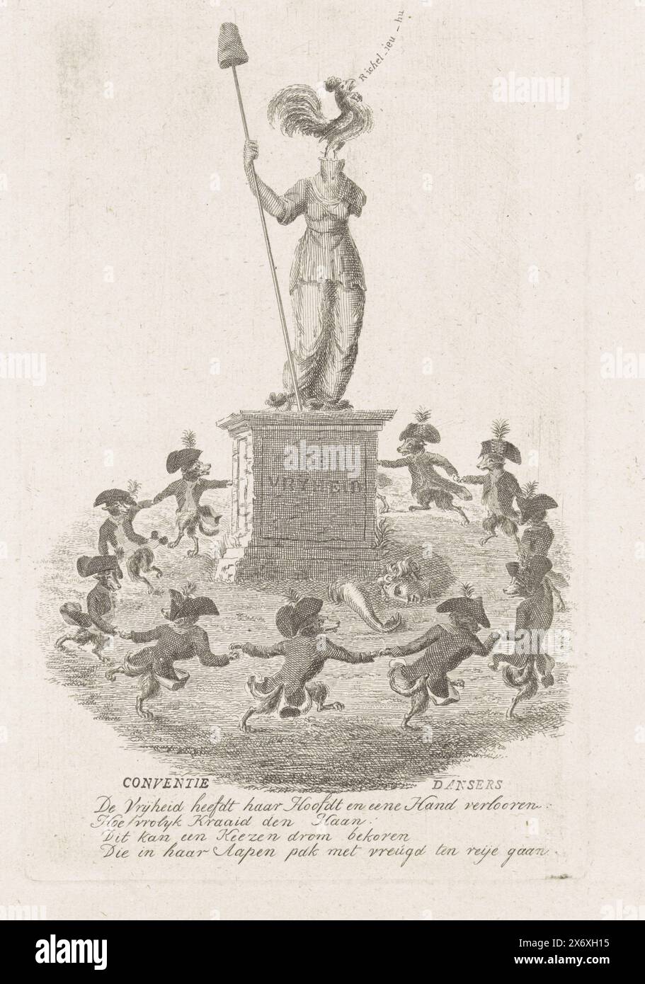 Caricature sur l'espoir des patriotes pour l'aide française, 1793, danseuses de la Convention (titre sur objet), caricature sur l'espoir des patriotes en 1793 pour le soutien de la France à la Convention nationale. Un groupe de Keeshonden en uniformes du corps Frei fait une danse ronde autour d'une statue de la liberté. La tête de la statue de la liberté a été cassée et remplacée par un coq français qui chante. Avec vers de quatre lignes., impression, imprimeur : anonyme, pays-Bas du Nord, 1787 et/ou 1793, papier, gravure, gravure, hauteur, 228 mm × largeur, 145 mm Banque D'Images