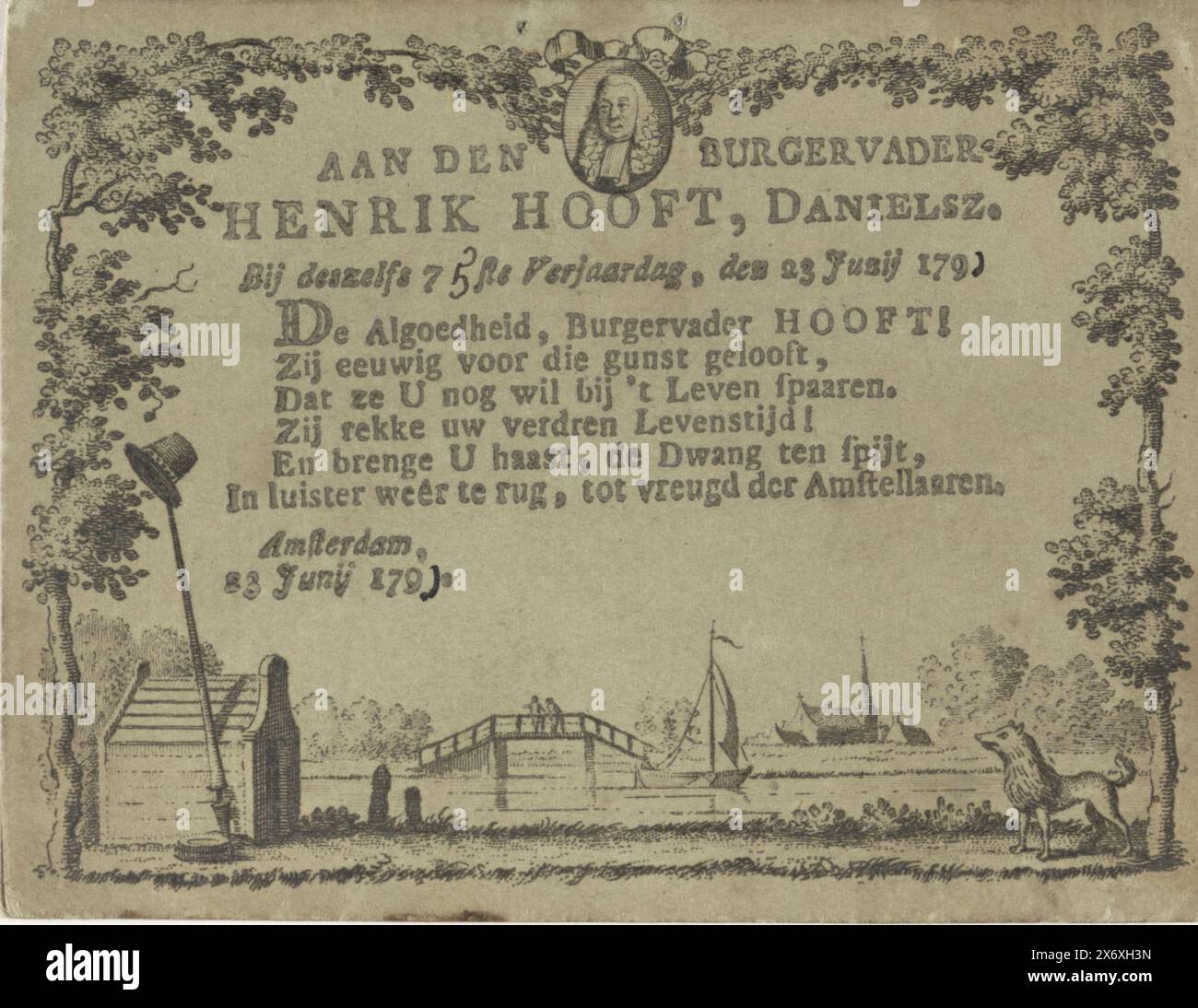 Carte pour le 75e anniversaire de Hendrik Danielsz. Hooft, aan den Burgervader Henrik Hooft Danielsz. Pour son 75e anniversaire, le 23 juin 1791 (titre sur objet), carte avec vers à l'occasion du 75e anniversaire de Hendrik Danielsz. Hooft, le 23 juin 1791. Vers de six lignes dans un cadre avec un portrait au-dessus et un paysage avec une niche et Keeshond en dessous. Figures complétées à la main., feuille de texte, imprimeur : anonyme, Amsterdam, juin-1791, carton, gravure, typographie, hauteur, 74 mm × largeur, 95 mm Banque D'Images
