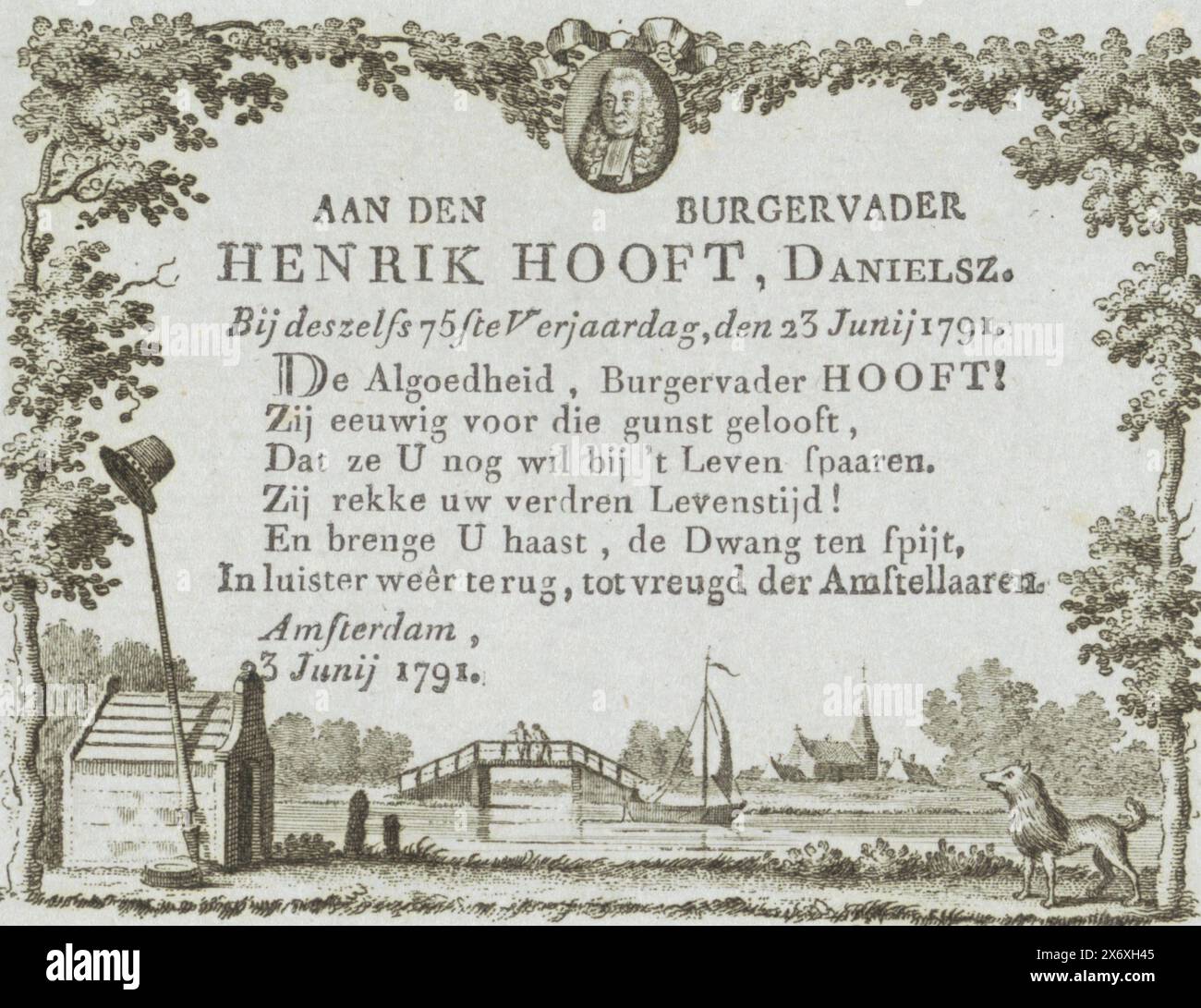 Carte pour le 75e anniversaire de Hendrik Danielsz. Hooft, aan den Burgervader Henrik Hooft Danielsz. Pour son 75e anniversaire, le 23 juin 1791 (titre sur objet), carte avec vers à l'occasion du 75e anniversaire de Hendrik Danielsz. Hooft, le 23 juin 1791. Vers de six lignes dans un cadre avec un portrait au-dessus et un paysage avec une niche et Keeshond au-dessous., feuille de texte, imprimeur : Anonymous, Amsterdam, juin-1791, papier, gravure, typographie, hauteur, 78 mm × largeur, 98 mm Banque D'Images