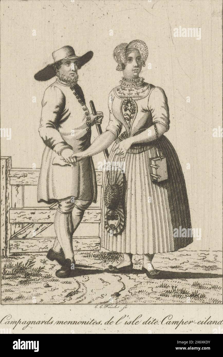 Homme et femme en costume traditionnel du Kampereiland, costumes traditionnels néerlandais (titre de la série), Mennonite Kamper Islanders en costume régional. Ci-dessous une ligne de texte en français., impression, imprimeur : Karel Christiaan Fuchs, après impression par : Pieter van der Meulen, après dessin par : Harmanus Langerveld, imprimeur : inconnu, après impression par : inconnu, après dessin par : inconnu, Amsterdam, 1802 - 1855, papier, gravure, hauteur, 137 mm × largeur, 88 mm Banque D'Images