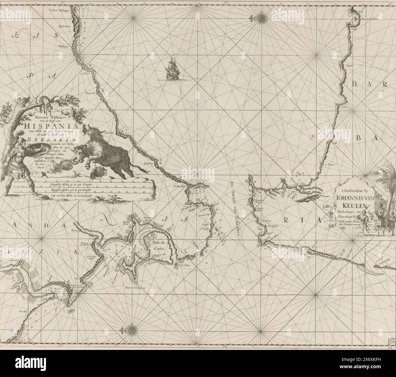 Carte nautique du détroit de Gibraltar, carte New Pass de la côte d'Hispanie. De 't Klif à Velez Malaga, ainsi que la côte de Barbaria. De Larache à Belis. Avec toute sa profondeur et sa sécheresse Naau-keurigh préparé par les amoureux de la navigation maritime (titre sur l'objet), carte de passage du détroit de Gibraltar, avec deux roses de boussole, le Nord est sur la gauche. Sur la gauche un cartouche avec le titre et l'échelle en miles allemand, espagnol et anglais ou français. Une corrida a lieu autour du titre. A droite de l'adresse de l'éditeur se trouve un palmier et quelques hommes avec turbans., print, print Banque D'Images