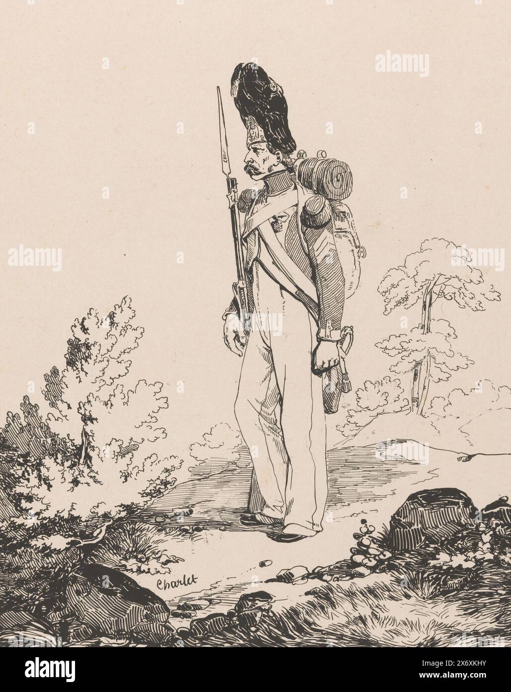Grenadier de la Garde Impériale dans un paysage, Pen lithographies for education (titre de la série), suite dessins à la plume à l'usage des élèves des écoles speciales (...) (titre de la série), estampe, imprimeur : Nicolas Toussaint Charlet, (mentionné sur l'objet), éditeur : Gihaut frères, Paris, 1839, papier, hauteur, 564 mm × largeur, 390 mm Banque D'Images