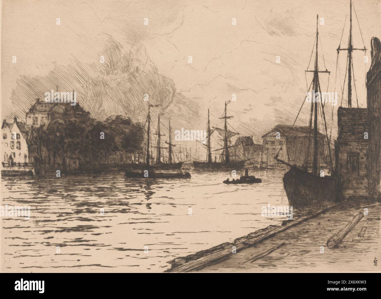 Vue sur le port avec hôtel de ville à Vlissingen, imprimerie, imprimeur : Carel Nicolaas Storm van 's-Gravesande, (mentionné sur l'objet), pays-Bas, 1887 - 1902, papier, pointe sèche, hauteur, 255 mm × largeur, 345 mm Banque D'Images