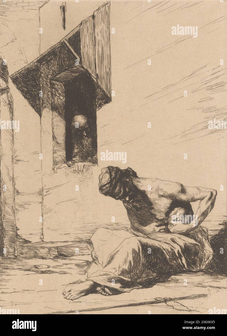 Mendiant assis à une fenêtre ouverte, souvenir de Tanger, L'eau forte en 1878 (titre de la série), estampe, imprimeur : Benjamin constant (1845-1902), (mentionné sur l'objet), éditeur : weduwe Alfred Cadart, imprimeur : France, éditeur : Paris, 1878, papier, gravure, point sec, hauteur, 282 mm × largeur, 200 mm Banque D'Images