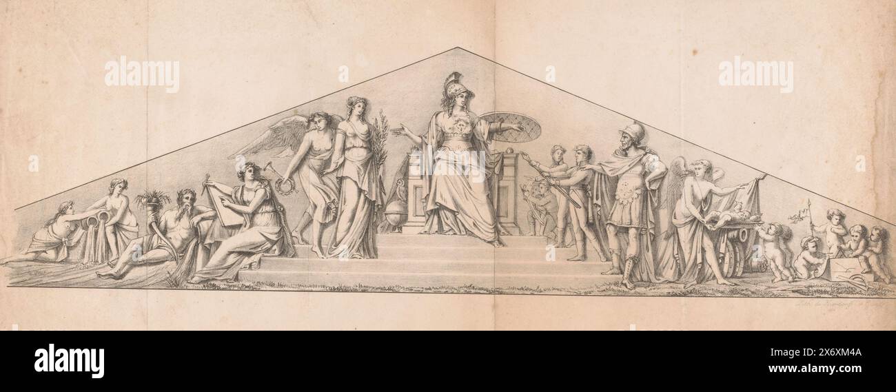 Tympan avec Minverve intronisée, les figures sont debout et assis à gauche et à droite de Minerve. Les figures de gauche représentent la paix dirigée par Vénus avec des branches de palmier dans ses bras. Par exemple, un Dieu de la rivière est assis là avec une corne d'abondance et une déesse représente les art. À gauche du trône se trouve un hibou, symbolisant la sagesse de Minerve. Les chiffres à sa droite représentent la guerre. Sous la direction de mars, elle se voit offrir des armes par des soldats., imprimeur, imprimeur : Jean Matthieu Kierdorff, (mentionné sur l'objet), Gand, 1813 - 1882, papier, hauteur, 215 mm × largeur, 520 mm Banque D'Images