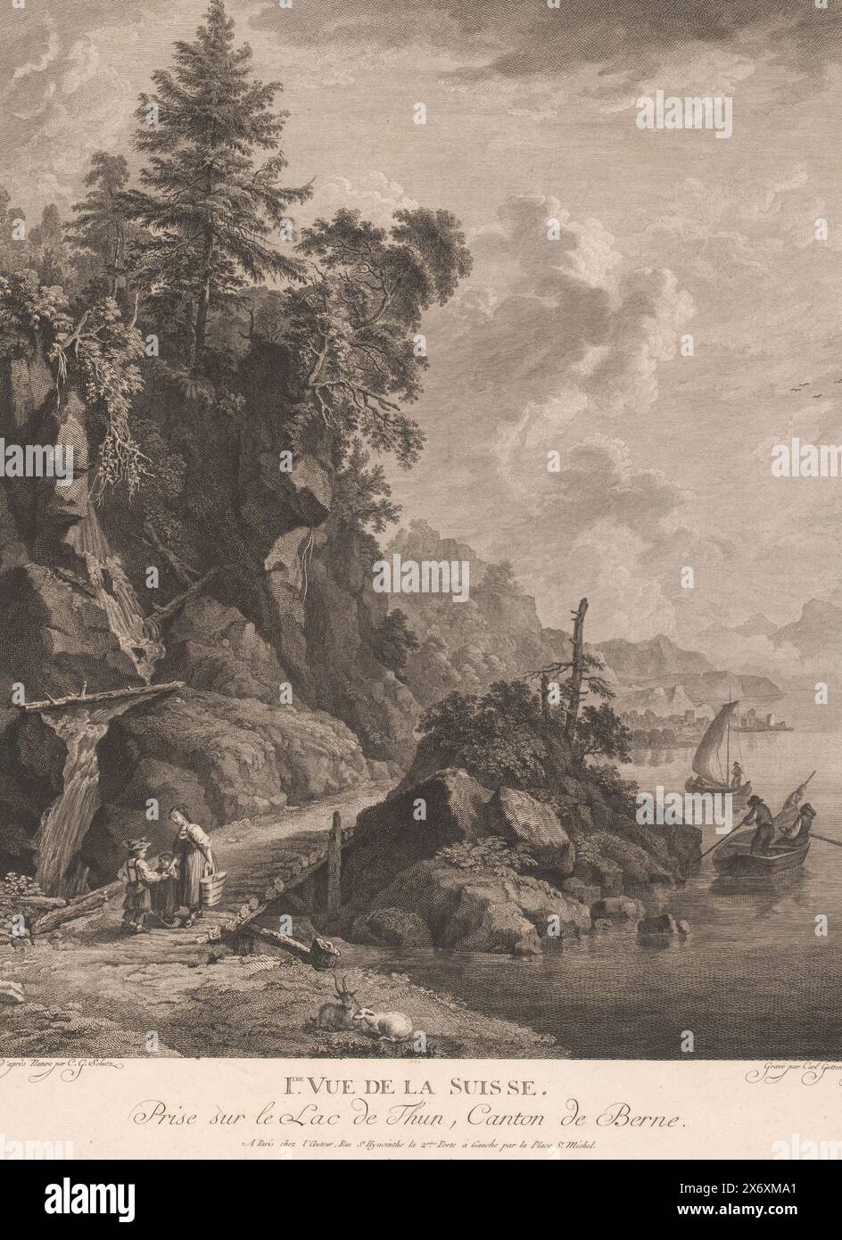 Vue du lac à Thoune en Suisse, premier vue de la Suisse (titre sur objet), estampe, imprimeur : Carl Gottlieb Guttenberg, (mentionné sur objet), après peinture par : Christian Georg Schütz (I), (mentionné sur objet), après peinture par : Christian Georg Schütz (II), (mentionné sur objet), 1753 - 1790, papier, gravure, hauteur, 499 mm × largeur, 389 mm Banque D'Images