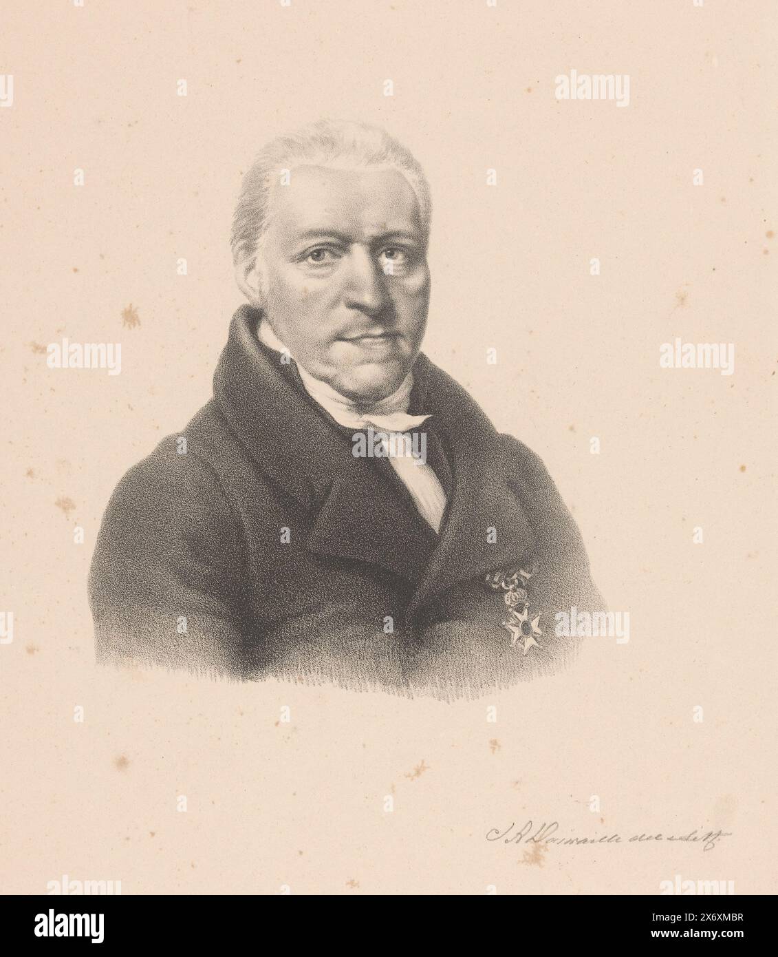 Portrait de Maurits Cornelis van Hall, le gardien porte une chevalerie sur sa poitrine., estampe, imprimeur : Jean Augustin Daiwaille, (mentionné sur l'objet), d'après design par : Hendrik Willem Caspari, Amsterdam, 1809 - 1850, papier, hauteur, 457 mm × largeur, 290 mm Banque D'Images