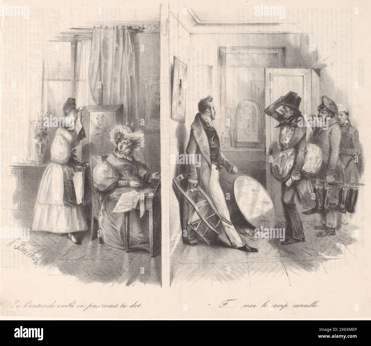 Mère a montré la porte à l'un des prétendants de sa fille, tu l'entends voilà ou passerait ta dot (...) (titre sur objet), espionnage (titre de la série), le voisinage (titre de la série sur objet), l'estampe se compose de deux parties. A gauche, une jeune femme pleure parce qu'elle n'est pas autorisée à épouser l'homme de son choix. Sa mère l'avertit que sinon elle perdra sa dot. À droite, le prétendant de la jeune femme est sur le point de quitter la maison. Cependant, à la porte, il a des ennuis avec le prétendant de sa petite amie., imprimeur, imprimeur : Frédéric Bouchot, (mentionné sur l'objet), éditeur : Aubert Banque D'Images