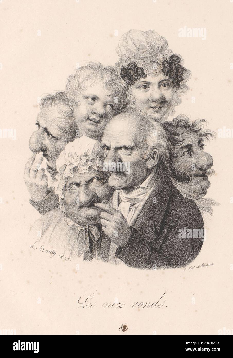 Caricature de six figures à grand nez rond, les nez ronds (titre sur objet), visages à grimace (titre de la série), Recueil de grimaces (titre de la série), estampe, imprimeur : Louis-Léopold Boilly, (mentionné sur objet), imprimeur : François Séraphin Delpech, (mentionné sur objet), Paris, 1827, papier, hauteur, 367 mm × largeur, 267 mm Banque D'Images