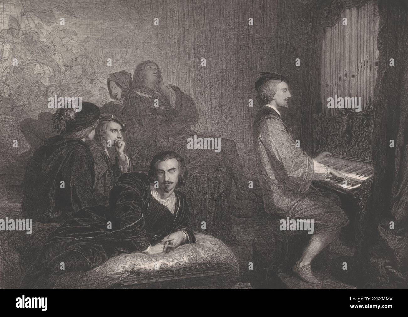 Wolfram von Eschenbach chante et joue un orgue pour cinq hommes, Maitre Wolfframb (titre sur objet), estampe, imprimeur : aimé de Lemud, (mentionné sur objet), imprimeur : Benard Lemercier & Cie, (mentionné sur objet), éditeur : Rittner & Goupil, (mentionné sur objet), Paris, 1838, papier, hauteur, 502 mm × largeur, 646 mm Banque D'Images