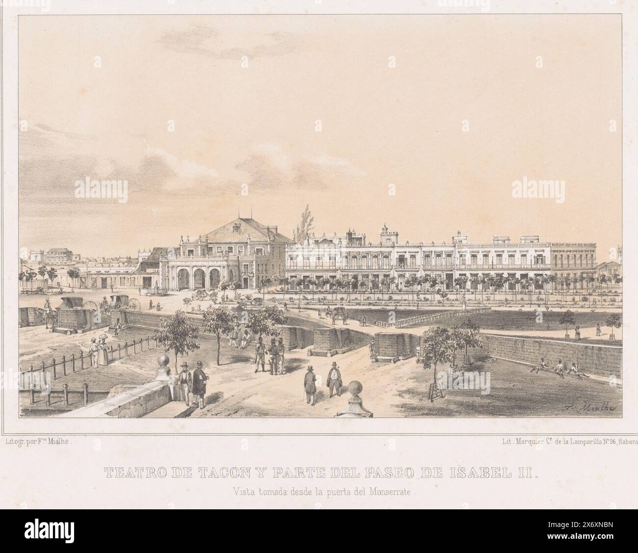 Vue du théâtre Tacon à la Havane, Teatro de Tacon y parte del paseo de Isabel II, vista tomada desde la puerta del Monserrate (titre sur objet), l'île de Cuba (titre de la série), Isla de Cuba (titre de la série sur objet), estampe, imprimeur : Frédéric Mialhe, (mentionné sur objet), imprimeur: L. marquier, (mentionné sur l'objet), Cuba, c. 1848, papier, hauteur, 275 mm × largeur, 358 mm Banque D'Images
