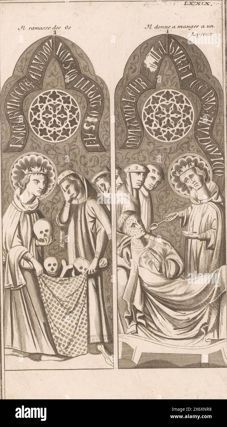 Deux scènes de la vie du roi Louis IX, à gauche le roi Louis IX ramasse des os et à droite il nourrit un lépreux., estampe, imprimeur : Dominique Sornique, (attribué à), éditeur : Pierre François Giffart, éditeur : Julien-Michel Gandouin, Paris, 1729 - 1733, papier, gravure, gravure, hauteur, 326 mm × largeur, 187 mm Banque D'Images Deux scènes de la vie du roi Louis IX, à gauche le roi Louis IX ramasse des os et à droite il nourrit un lépreux., estampe, imprimeur : Dominique Sornique, (attribué à), éditeur : Pierre François Giffart, éditeur : Julien-Michel Gandouin, Paris, 1729 - 1733, papier, gravure, gravure, hauteur, 326 mm × largeur, 187 mm Banque D'Images