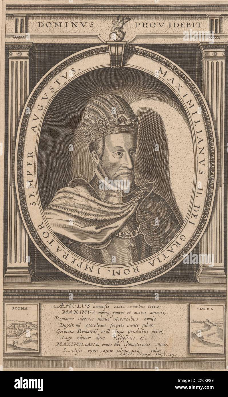 Portrait de Maximilien II, empereur allemand, avec poème de louange en latin., estampe, imprimeur : Jacob van der Heyden, Johann Georg Dorsch, (mentionné sur l'objet), éditeur : Johannes Ammon, Straatsburg (Frankrijk), Editeur : Frankfurt am main, 1638, papier, gravure, hauteur, 310 mm × largeur, 194 mm Banque D'Images