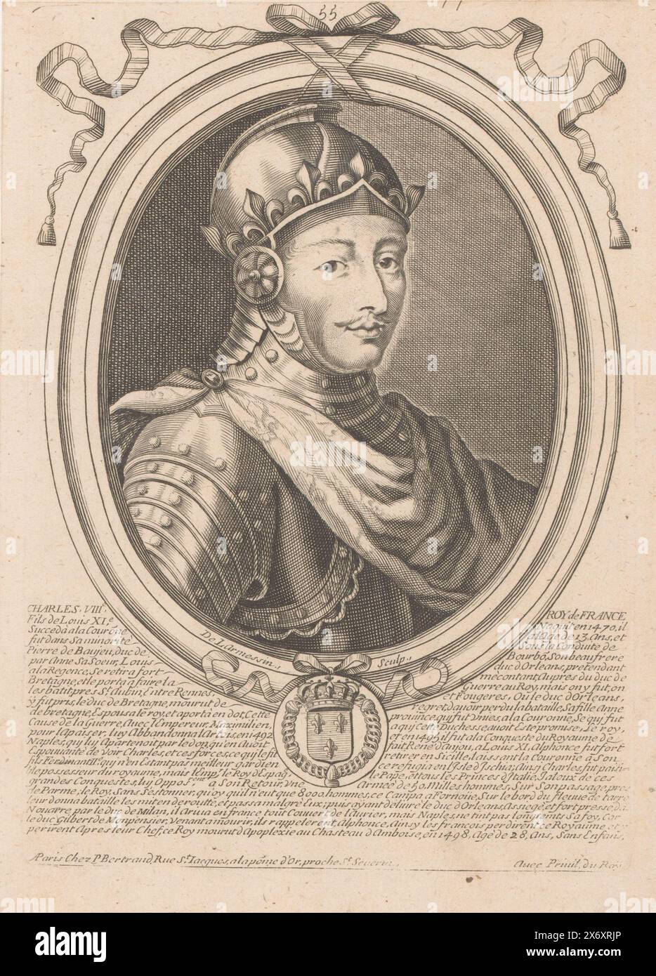 Portrait de Charles VII, Roi de France, Charles VIII Roy de France (titre sur objet), portraits de personnages importants (titre de la série), numérotés en haut au centre : 55., estampe, imprimeur : Nicolas de Larmessin (I), (mentionné sur objet), éditeur : Pierre Bertrand, (mentionné sur objet), Lodewijk XIV (koning van Frankrijk), (mentionné sur objet), éditeur: Paris, France, 1642 - 1678, papier, gravure, gravure, hauteur, 225 mm × largeur, 160 mm Banque D'Images