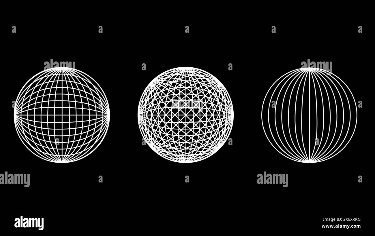 Modèles filaires 3D d'objets ligne de réseau. Formes géométriques atmosphère future. Design rétro futuriste pour élément technologique ou scientifique. Illustration vectorielle. Illustration de Vecteur