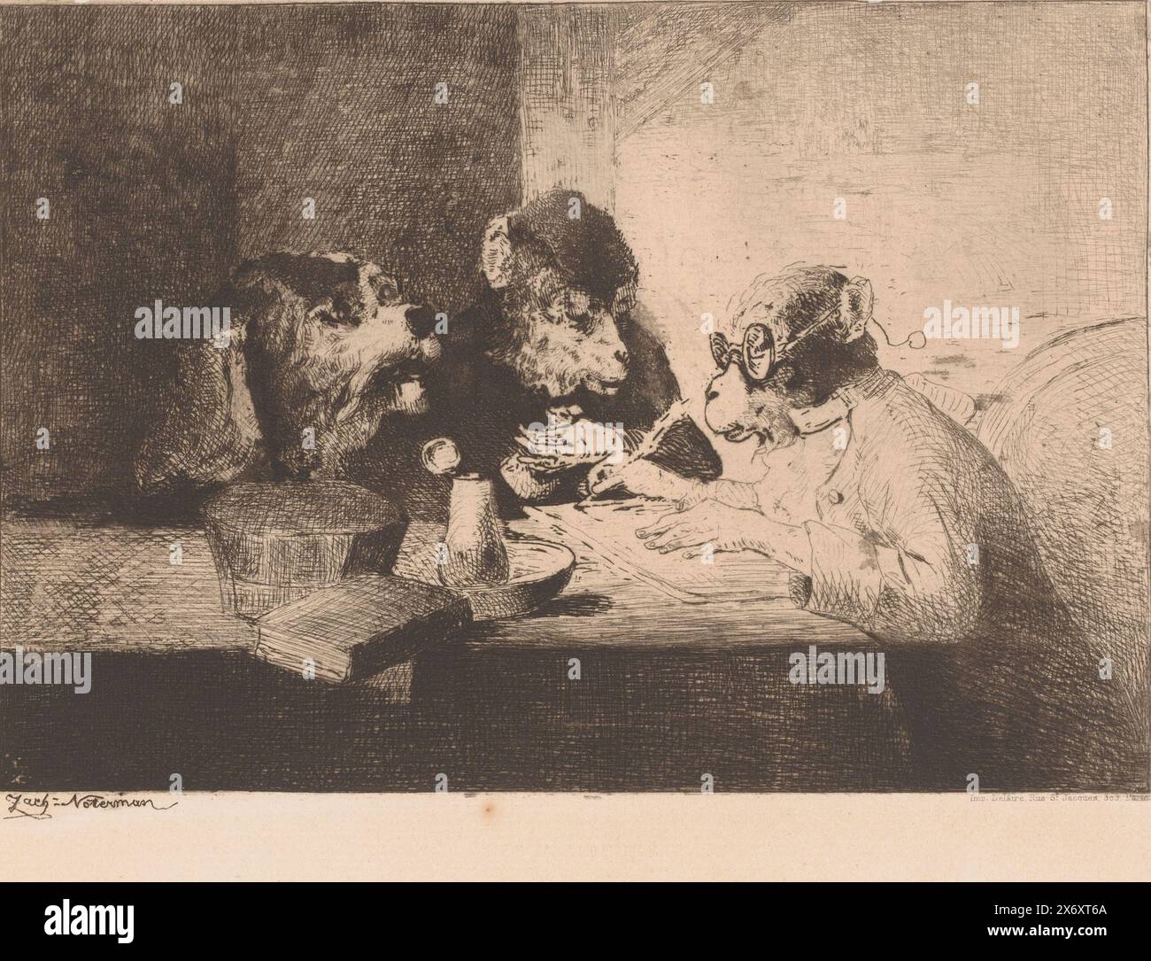 Singe habillé donne des leçons d'écriture à un chien et singe, numéroté en haut à droite : 42., imprimerie, imprimeur : Zacharie Noterman, (mentionné sur l'objet), 1830 - 1863, papier, gravure, pointe sèche, hauteur, 236 mm × largeur, 316 mm Banque D'Images Singe habillé donne des leçons d'écriture à un chien et singe, numéroté en haut à droite : 42., imprimerie, imprimeur : Zacharie Noterman, (mentionné sur l'objet), 1830 - 1863, papier, gravure, pointe sèche, hauteur, 236 mm × largeur, 316 mm Banque D'Images
