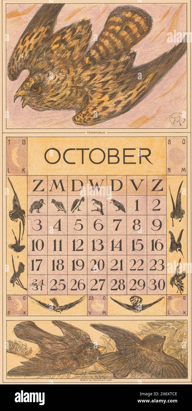 Feuille de calendrier octobre avec la kestrel, calendrier 1915 12 lithographies par th. v. Hoytema (titre de la série), dans les coins les phases de la lune sur quatre jours. Une ligne de déchirure en haut de la feuille., imprimeur : Theo van Hoytema, (mentionné sur l'objet), imprimeur : Tresling & Comp., (mentionné sur l'objet), éditeur : Allart de Lange, imprimeur : la Haye, imprimeur : Amsterdam, éditeur : Amsterdam, éditeur : Amsterdam, 1914, papier, hauteur, 420 mm × largeur, 210 mm Banque D'Images