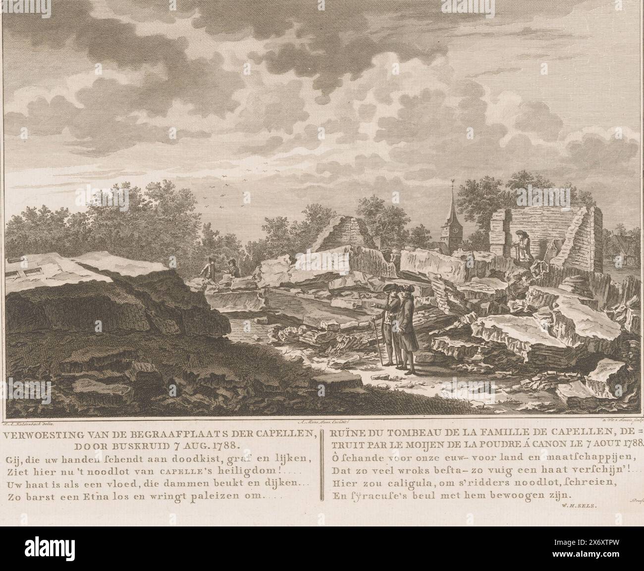 Ruine du cimetière de la famille Van der Capellen, 1788, destruction du cimetière du Capellen, par tireur 7 août 1788 / Ruïn du tombeau de la famille de Capellen (...) (titre sur objet), vue des ruines de la tombe familiale de la famille Van der Capellen dans le Gorsselse Veld près de Zutphen, après la destruction par la poudre à canon, le 7 août 1788. Avec huit lignes vers néerlandais dans la légende., impression, imprimeur : Izaak Jansz. De Wit, (mentionné sur l'objet), imprimeur : Pieter Hendrik Jonxis, (mentionné sur l'objet), après dessin par : Johan Antonie Kaldenbach, (mentionné sur l'objet), imprimé Banque D'Images