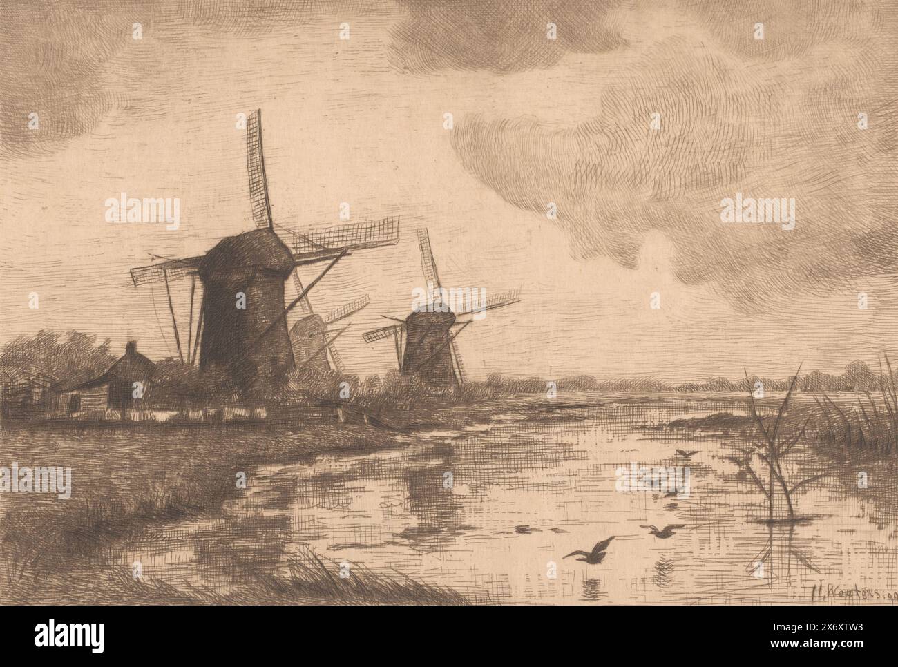 Trois moulins dans un paysage aquatique, imprimerie, imprimeur : Henri Wouters, (mentionné sur l'objet), 1890, papier, gravure, pointe sèche, hauteur, 237 mm × largeur, 298 mm Banque D'Images