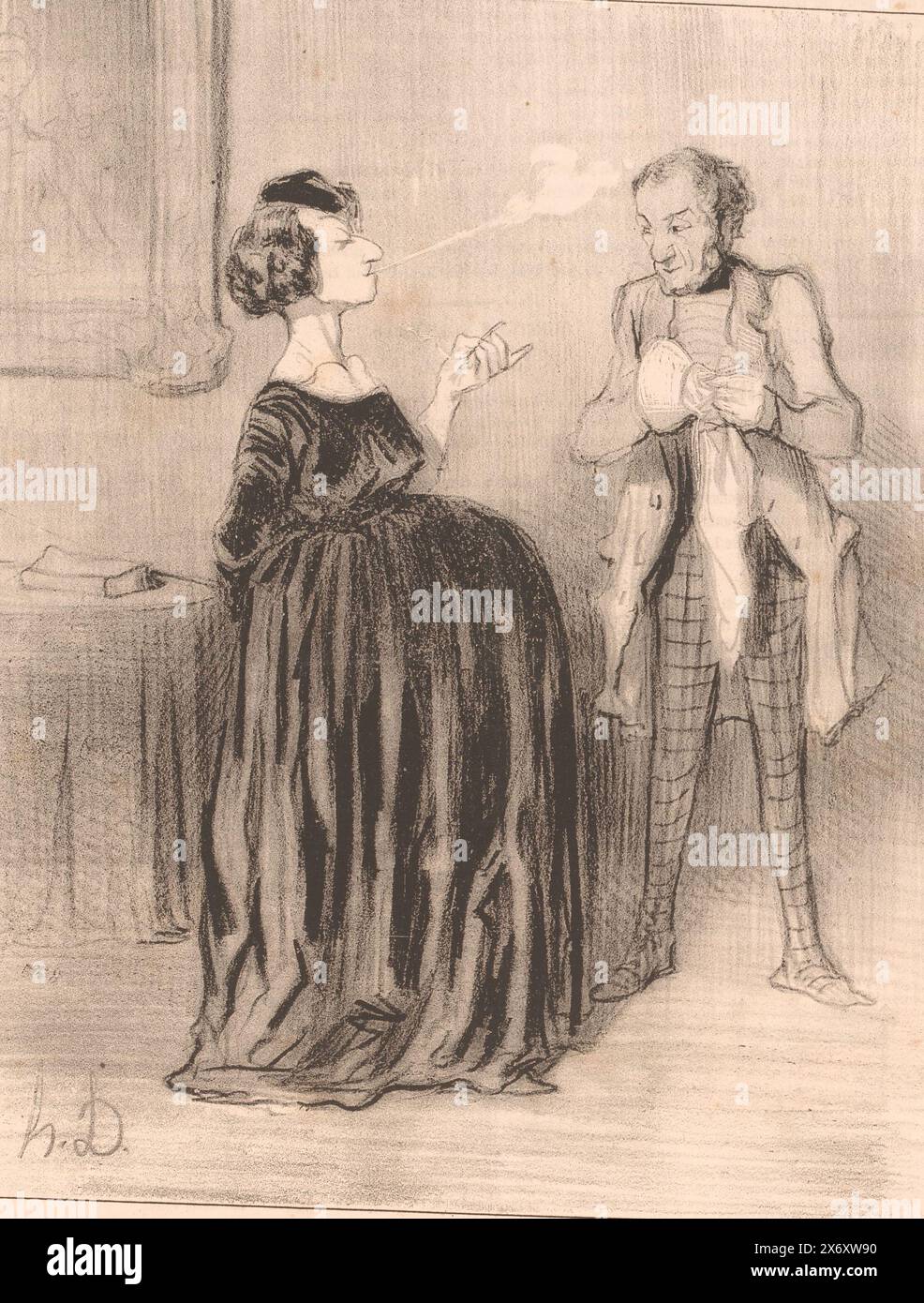 Caricature d'une femme enceinte avec son mari, dis donc... mon mari (...) (titre sur objet), les femmes pédantes (titre de la série), les Bas-bleus (titre de la série sur objet), en fumant une cigarette la femme dit à son mari, qui polit ou sèche un objet avec un chiffon, quels noms elle a en tête pour son livre et pour son enfant. Cependant, elle ne décidera de rien avant de consulter son employé., imprimeur : Honoré Daumier, (mentionné sur l'objet), imprimeur : Aubert & Cie., (mentionné sur l'objet), éditeur : Aubert & Cie., (mentionné sur l'objet), Paris, 1844, papier, hauteur, 363 mm × largeur, 242 Banque D'Images