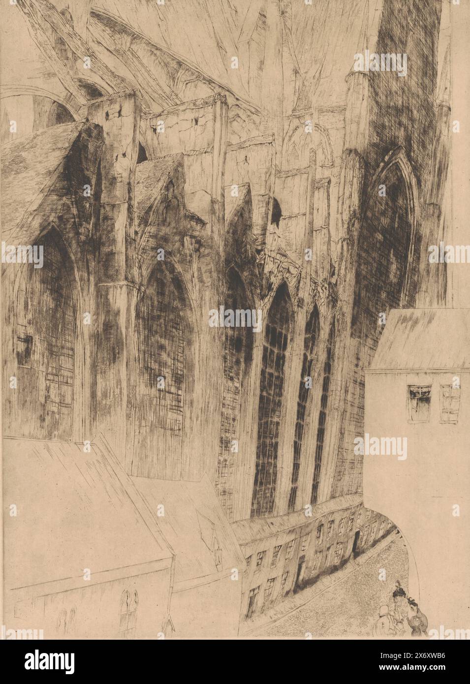 Vue de la façade latérale de l'église Nicolas à Gand, Eglise préparée Nicolas Gand (titre sur objet), Rue du chapeau Rouge a Gand, estampe, imprimeur : Jules de Bruycker, (signé par artiste), Belgique, 1928, papier, gravure, point sec, hauteur, 512 mm × largeur, 378 mm Banque D'Images