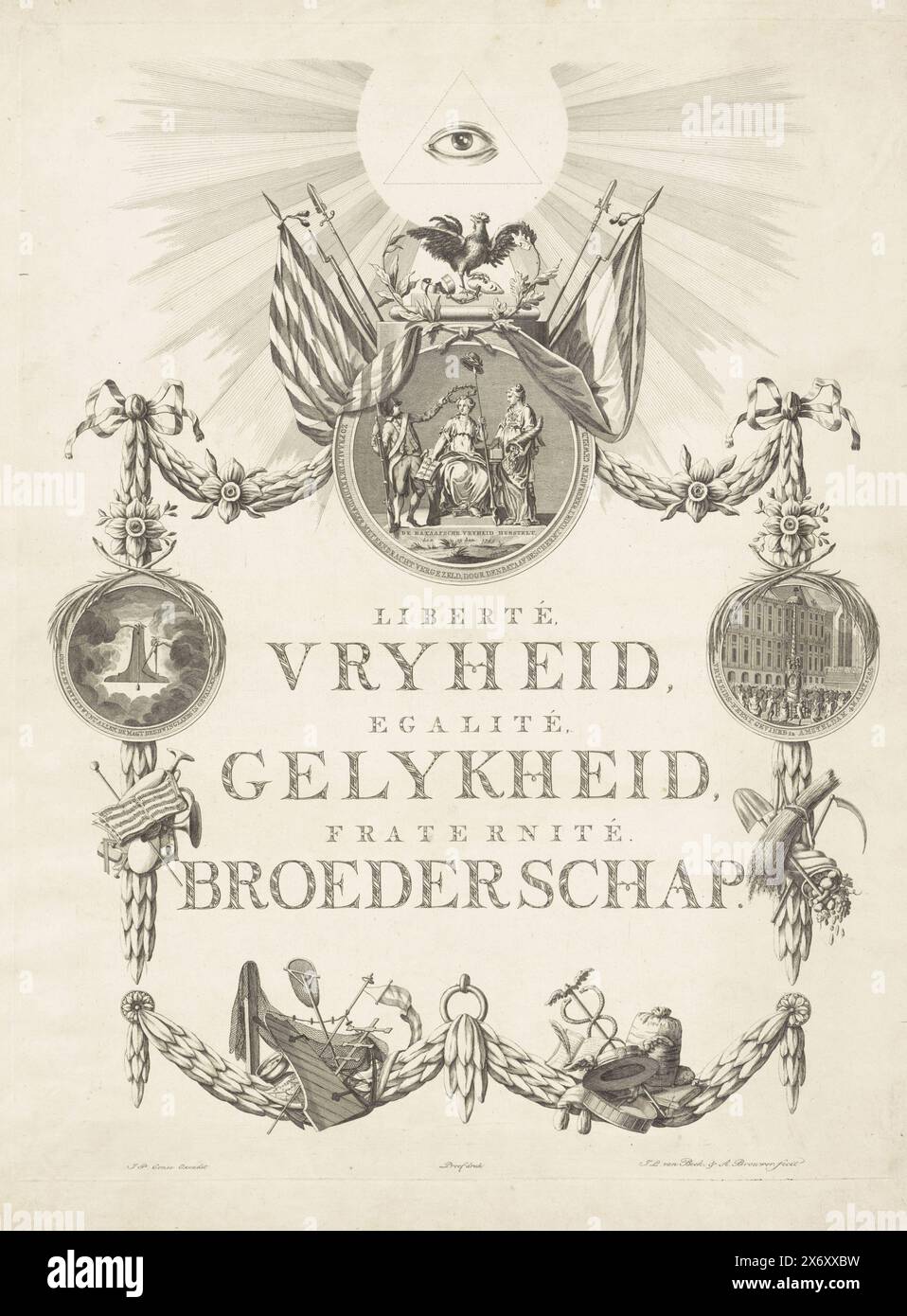 Allégorie de la liberté, de l'égalité et de la fraternité, 1795, liberté, égalité, Fraternity, liberté, Egalité, Fraternité (titre sur objet), allégorie de la liberté, de l'égalité et de la Fraternité, 1795. Médaillons reliés par des festons. Au centre au-dessus de la liberté batave restaurée en 1795, couronnée par le coq français et le All-Seeing Eye, à droite le Festival de la liberté sur la place du Dam à Amsterdam, à gauche le fil à plomb et la boussole de l'égalité. L'impression comprend une déclaration imprimée., impression, imprimeur : Jan Lucas van der Beek, (mentionné sur l'objet), imprimeur : Anna Catharina Brouwer, (mentionné Banque D'Images
