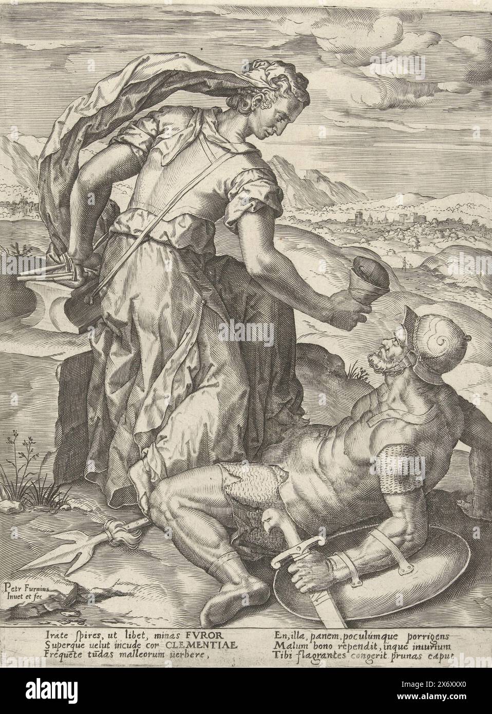 La douceur conquiert Fury, Seven Vertus et Seven Vices (titre de la série), la personnification de Fury (furor) repose sur le sol aux pieds de la douceur (Clementia). L'estampe a une légende latine et fait partie d'une série sur les vertus et les vices., estampe, imprimeur : Pieter Jalhea Furnius, (mentionné sur l'objet), d'après son propre design par : Pieter Jalhea Furnius, (mentionné sur l'objet), 1550 - 1625, papier, gravure, hauteur, 254 mm × largeur, 192 mm Banque D'Images