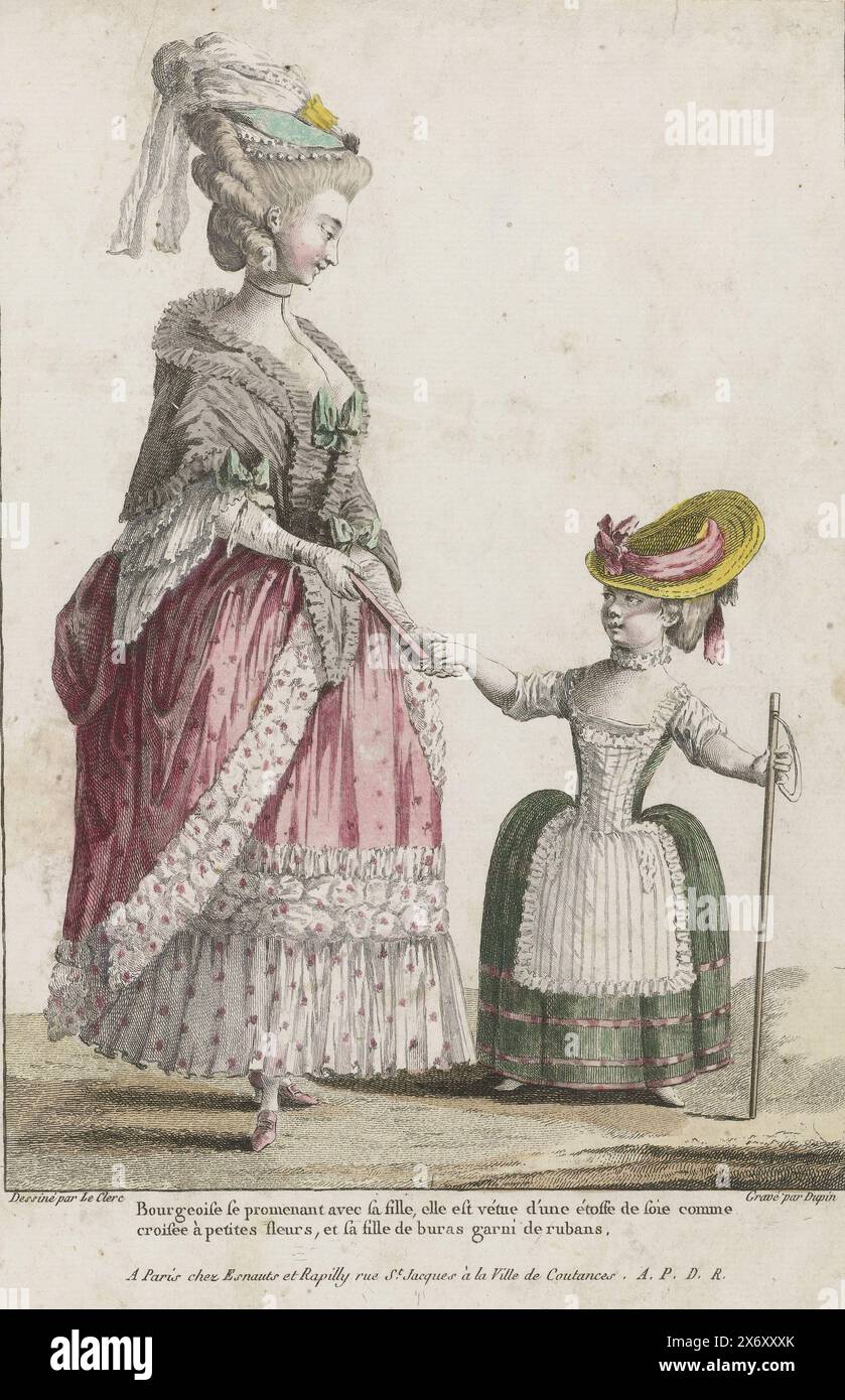 Galerie des modes et costumes Francais 1780, H. 43 : bourgeoise se promenant (...). (Titre sur objet), femme citoyenne, marchant avec sa fille. Femme à droite, vêtue d'une cape d'épaule sur une 'robe à la polonaise' avec engageantes et falbalas. Elle a un ventilateur pliant fermé dans sa main droite gantée. Chaussures pointues avec talon et boucle sur les pieds. A côté d'elle une fille portant un chapeau de paille, un bâton de marche dans sa main. Avec légende : bourgeoise se promenant avec sa fille...., imprimeur : Nicolas Dupin, (mentionné sur l'objet), après dessin par : Leclerc, (mentionné sur l'objet), éditeur Banque D'Images