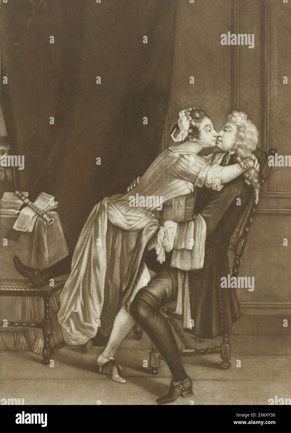 La leçon de musique, la leçon de musique, Une femme avec une jupe suspendue s'assoit sur les genoux d'un homme et l'embrasse. Il y a un livre de musique et un enregistreur sur la table. Sur la gauche, quelqu'un regarde devant un rideau., impression, imprimeur : John Smith (prentmaker/ uitgever), (mentionné sur l'objet), après peinture par : M. LAURON, (mentionné sur l'objet), éditeur : John Smith (prentmaker/ uitgever), (possiblement), c. 1680 - c. 1700, papier, hauteur, 249 mm × largeur, 166 mm Banque D'Images