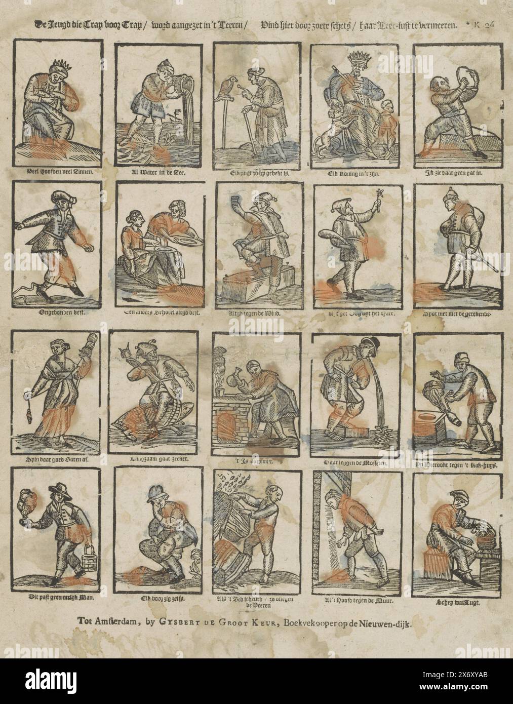 Vingt proverbes, les jeunes qui font un pas à la fois, sont encouragés dans 't Leeren, retrouvez ici, à travers un croquis doux, pour augmenter leur désir d'apprendre (titre sur objet), feuille avec 20 représentations de proverbes. Une légende sous chaque image. Numéroté en haut à droite : K 26., impression, éditeur : Gijsbert de Groot Keur, imprimeur : anonyme, Amsterdam, c. 1738 - c. 1767, papier, typographie, hauteur, 425 mm × largeur, 310 mm Banque D'Images