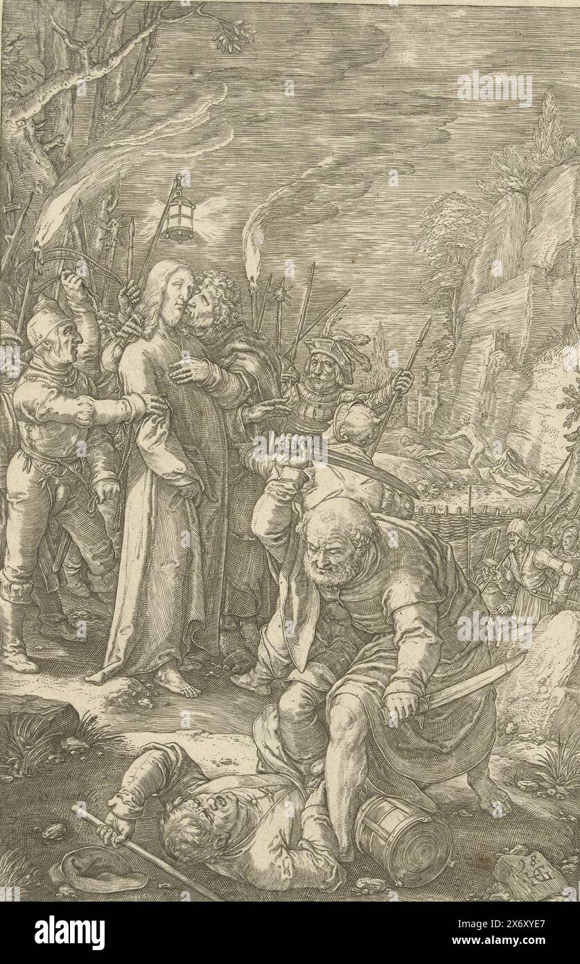 Baiser de Judas et arrestation du Christ, passion du Christ (titre de la série), Christ est capturé par des soldats dans le jardin de Gethsémani. Judas l'embrasse sur la joue. Au premier plan, Peter Malchus coupe une oreille., estampe, imprimeur : Hendrick Goltzius, (mentionné sur l'objet), d'après son propre design par : Hendrick Goltzius, Lucas van Leyden, imprimeur : Haarlem, éditeur : Haarlem, éditeur : Amsterdam, 1598, papier, gravure, hauteur, 197 mm × largeur, 130 mm Banque D'Images