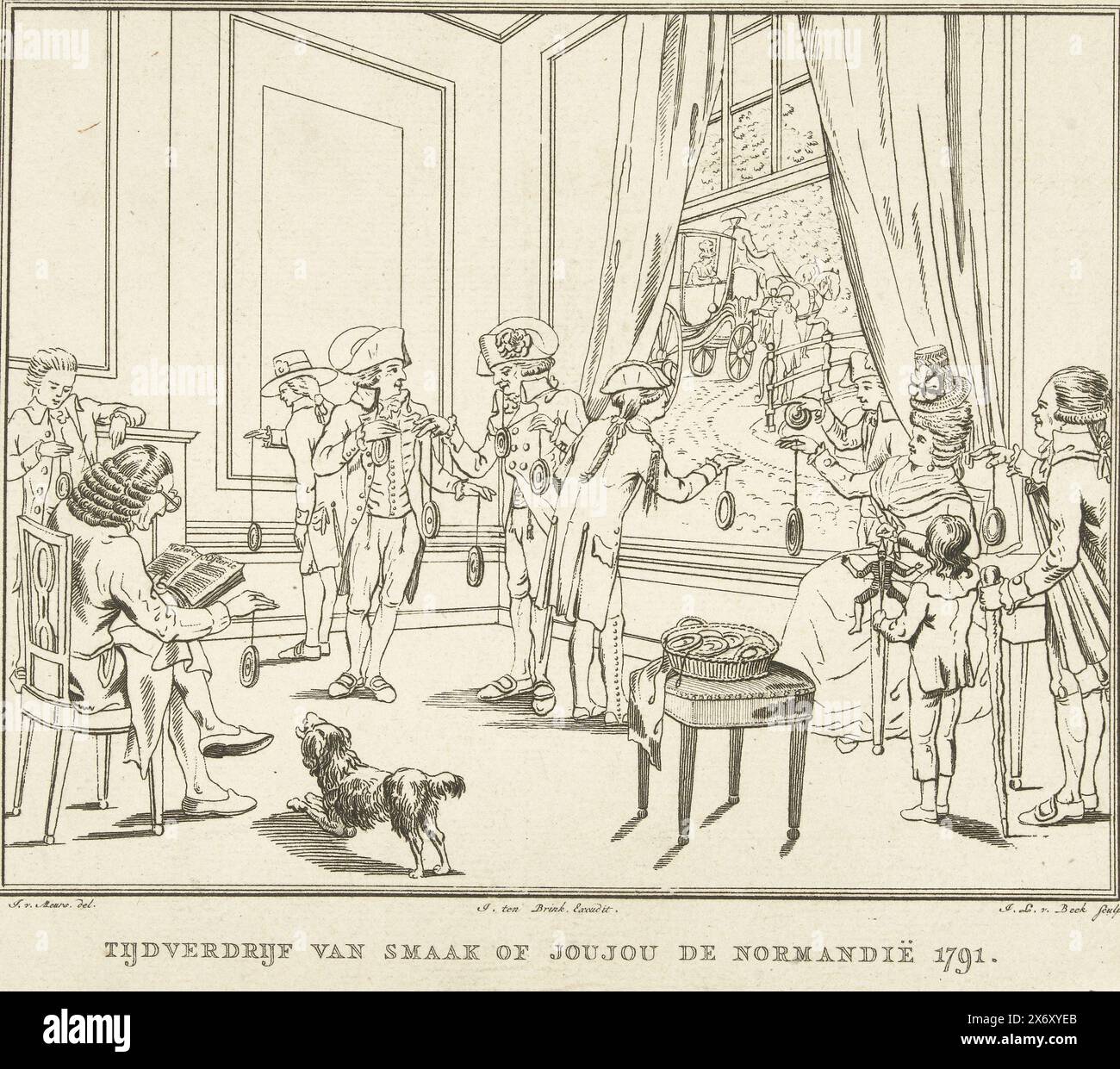 Intérieur avec des hommes et des femmes qui passent leur temps avec yo-yos, passe-temps de goût ou joujou de Normandie 1791 (titre sur objet), intérieur avec des hommes et des femmes de noblesse qui passent leur temps avec yo-yos. Un enfant joue avec une marionnette., estampe, imprimeur : Jan Lucas van der Beek, (mentionné sur l'objet), après dessin par : Jacobus van meurs, (mentionné sur l'objet), éditeur : J. Ten Brink, (mentionné sur l'objet), 1791, papier, gravure, hauteur, 217 mm × largeur, 257 mm Banque D'Images