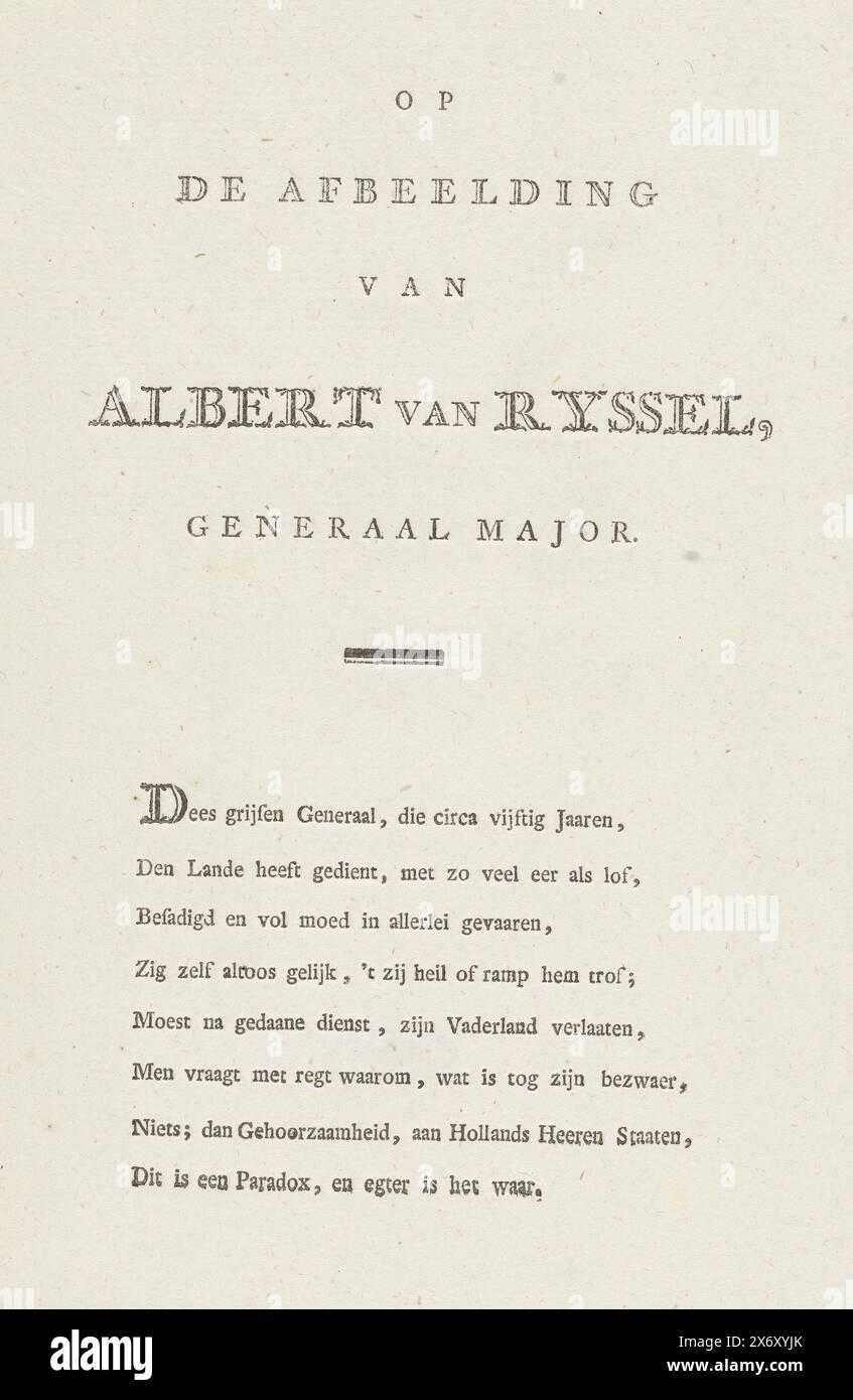 Texte sur l'image d'Albert van Ryssel, huit lignes de vers en néerlandais accompagnant le portrait gravé d'Albert van Ryssel., tirage, inconnu, en 1796 ou avant, papier, typographie, hauteur, 215 mm × largeur, 140 mm Banque D'Images